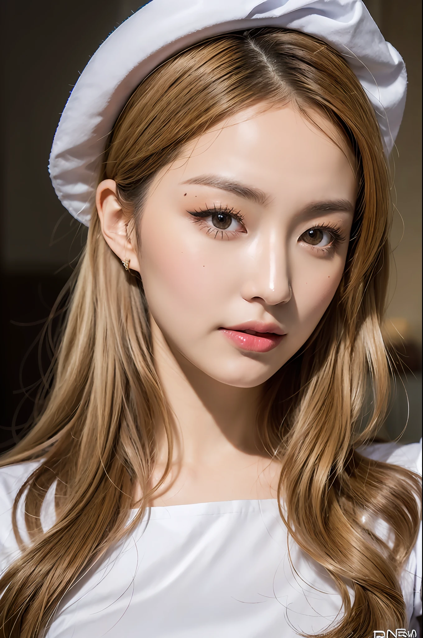 (8k, best quality, RAW photo, masterpiece, ultra high definition, high definition face, high definition: 1.4), (realistic, real: 1.4), (high definition: 1.4), 1 girl, (cute), (30 years old), (beautiful face), (tanned skin: 1.7), shiny skin, (blonde hair: 1.4), brown eyes, makeup, look viewer, cowboy shot, nurse, white nurse uniform