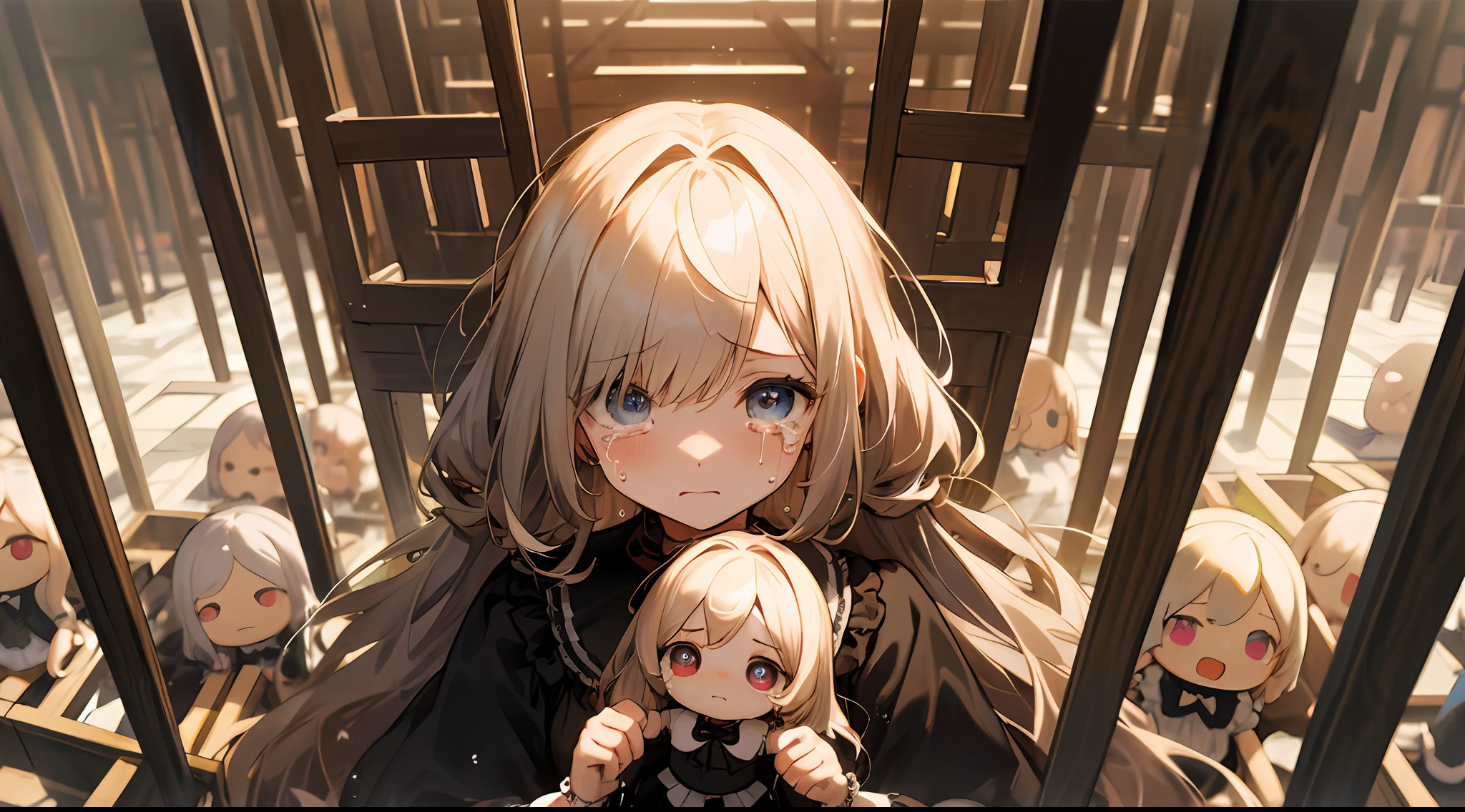 Upper body, vista, a doll girl, beautiful detail eyes, trapped in a maze, dolls, tears, crying