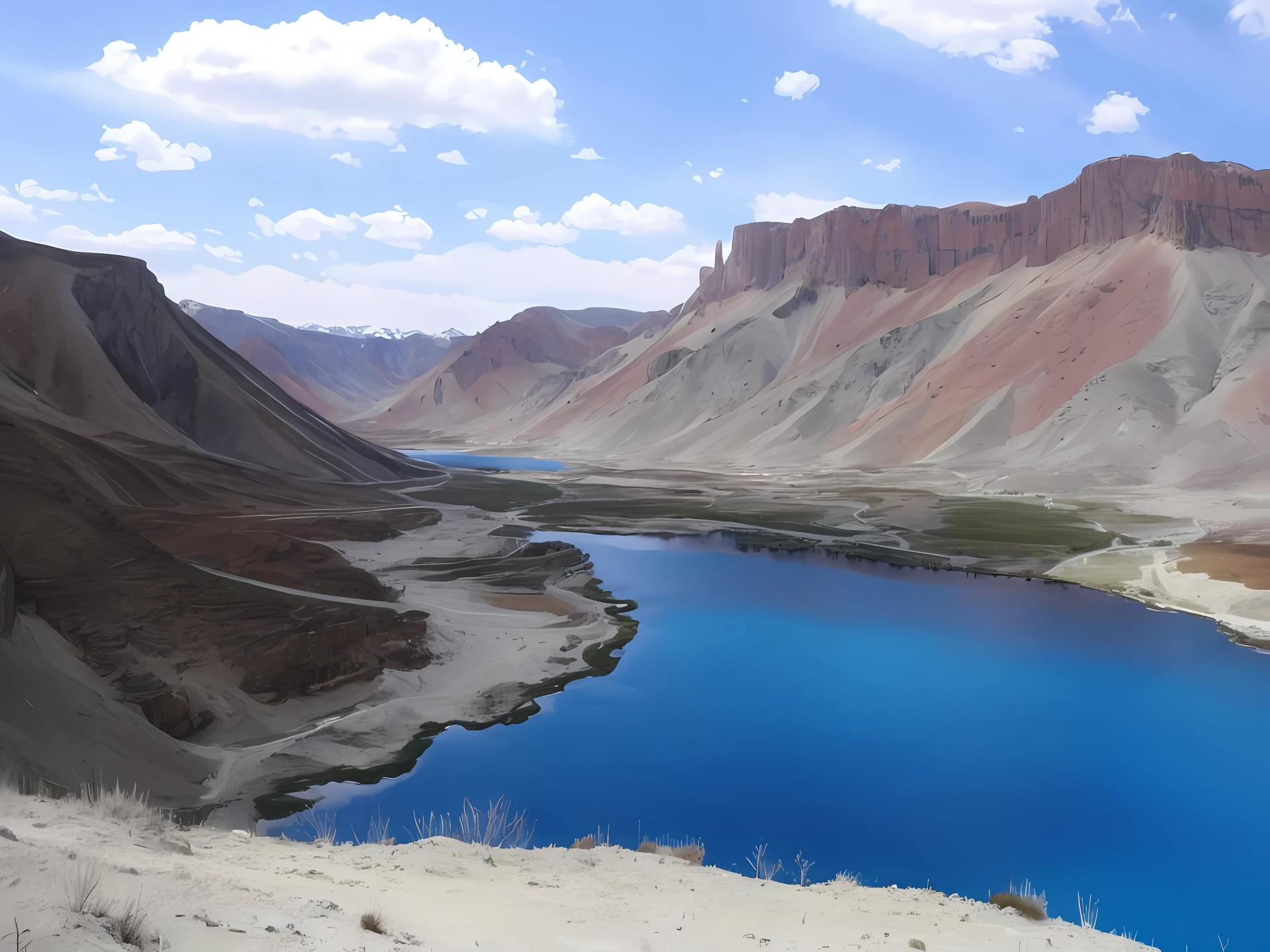 mountains with a blue lake in the middle of it, incredibly beautiful, very very beautiful scenery, very beautiful scenery, cinematic silk road lanscape, a lake between mountains, very very very beautiful scenery, stunning sight, by Muggur, stunning scenery, beautiful scenery, photo of green river, amazing view, breathtaking scenery, stunning view, beautiful image