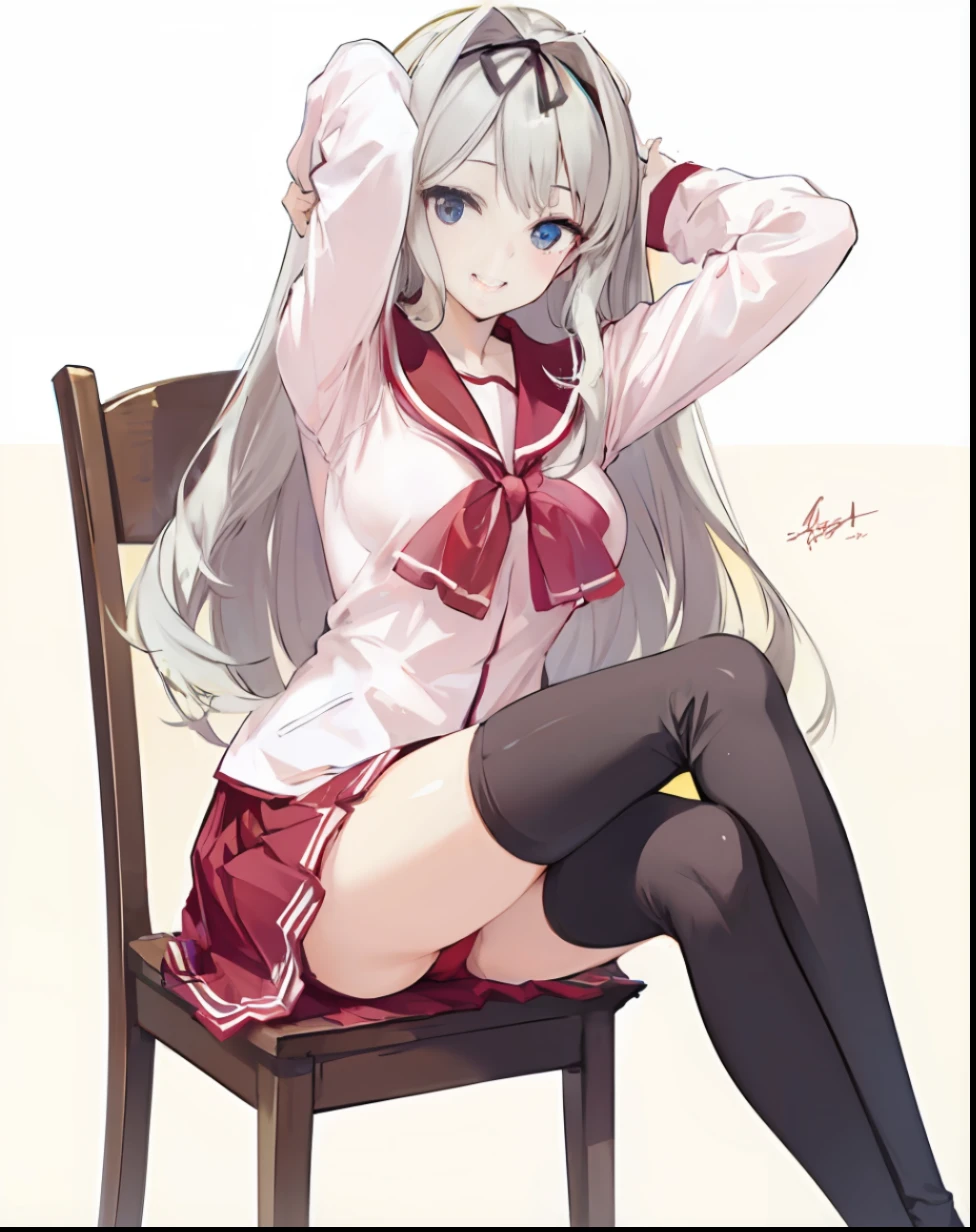 ((masterpiece, best quality)), black-thigh-highs, high resolution, big, beautiful legs, close range, white background, sitting on a chair, mature, laughing, arms behind the head, sideways, long blonde waves, dressed in pink sailor suit, red miniskirt with red collar, red ribbon, delicate beauty face, girl. Anime-style illustrations.