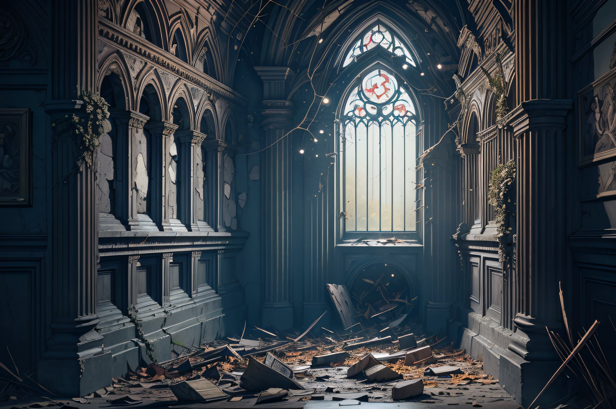 ((photo)), ((best quality)), ((masterpiece)), ((detailed)), ((cinematic), ((captured from eye level)), a dark gothic and creepy professional photo backdrop with lots of ornate stonework and a large room filled with debris and dead and rotten foliage, a magical glowing, particle swirling, portal open to an alternate dimension showing a bright and beautiful world beyond the opening is prominent.