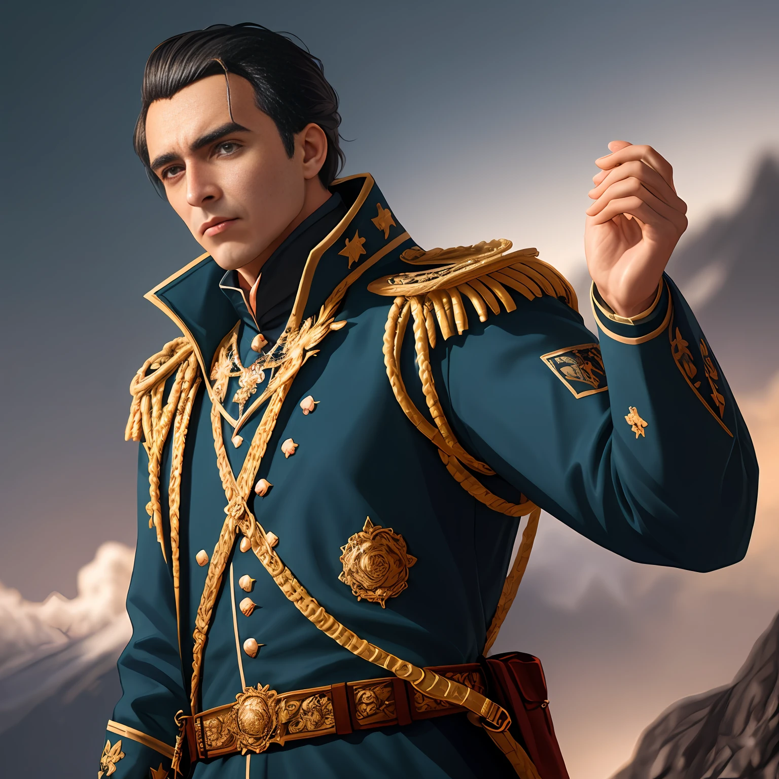 The Liberator Simón Bolívar posing as he describes himself in his literary work: Mi Delirio Sobre El Chimborazo, with gala patriot army uniform, shiny black boots, 45-year-old man, masterpiece, best quality, high quality, extremely detailed 8k CG wallpaper, award-winning photography, Bokeh, depth of field,  HDR, flowering, chromatic aberration, photorealistic, extremely detailed, trend in artstation, trend in CGsociety, intricate, high detail, dramatic, mid-travel art, volumetric lighting