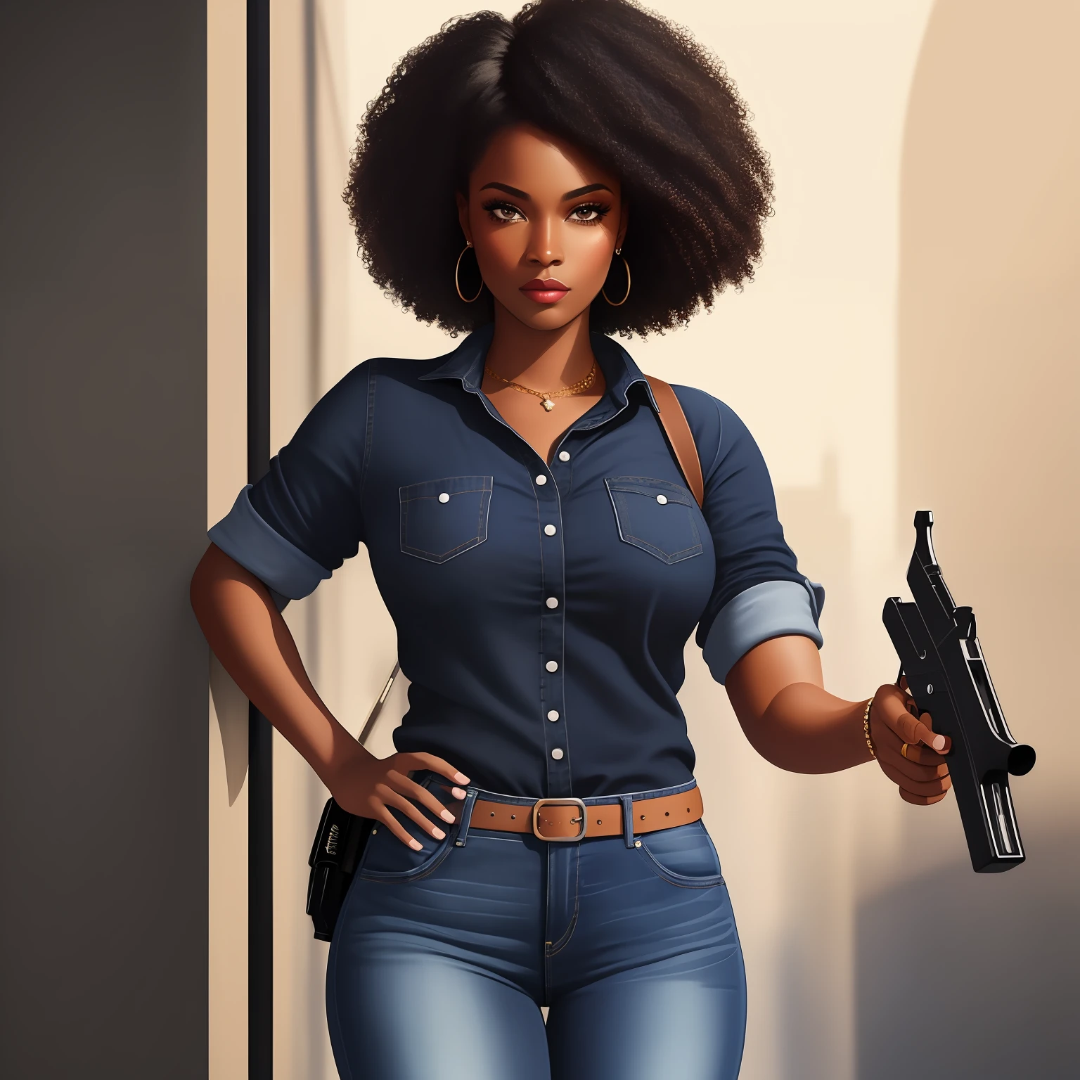 masterpiece, best quality, illustration, {detailed black woman}, beautiful detailed brightness, detailed lighting, short hair, curly hair, (jeans shirt: 1.1), strong look, aiming a revolver forward.
INFO