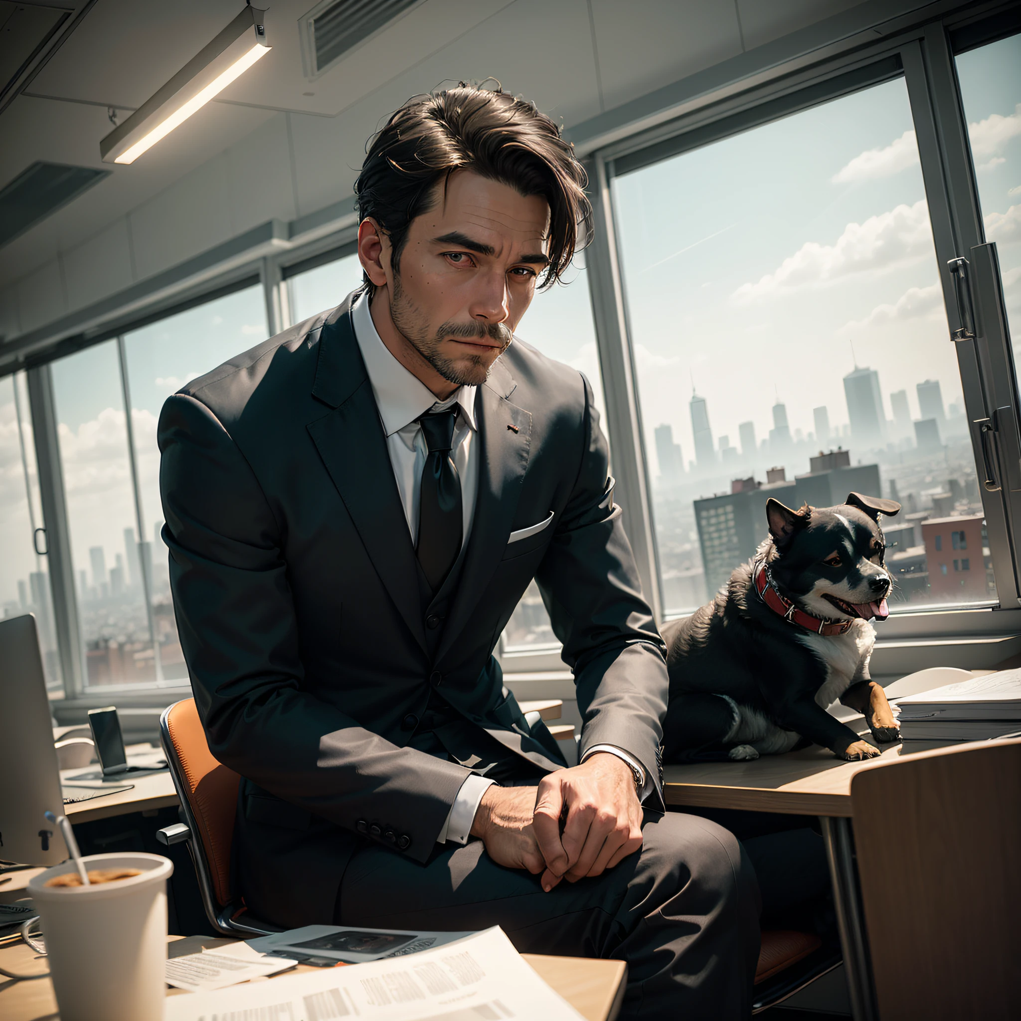 man in a black suit with a dog's head, sitting in an office, in the background a large window overlooking a city full of buildings