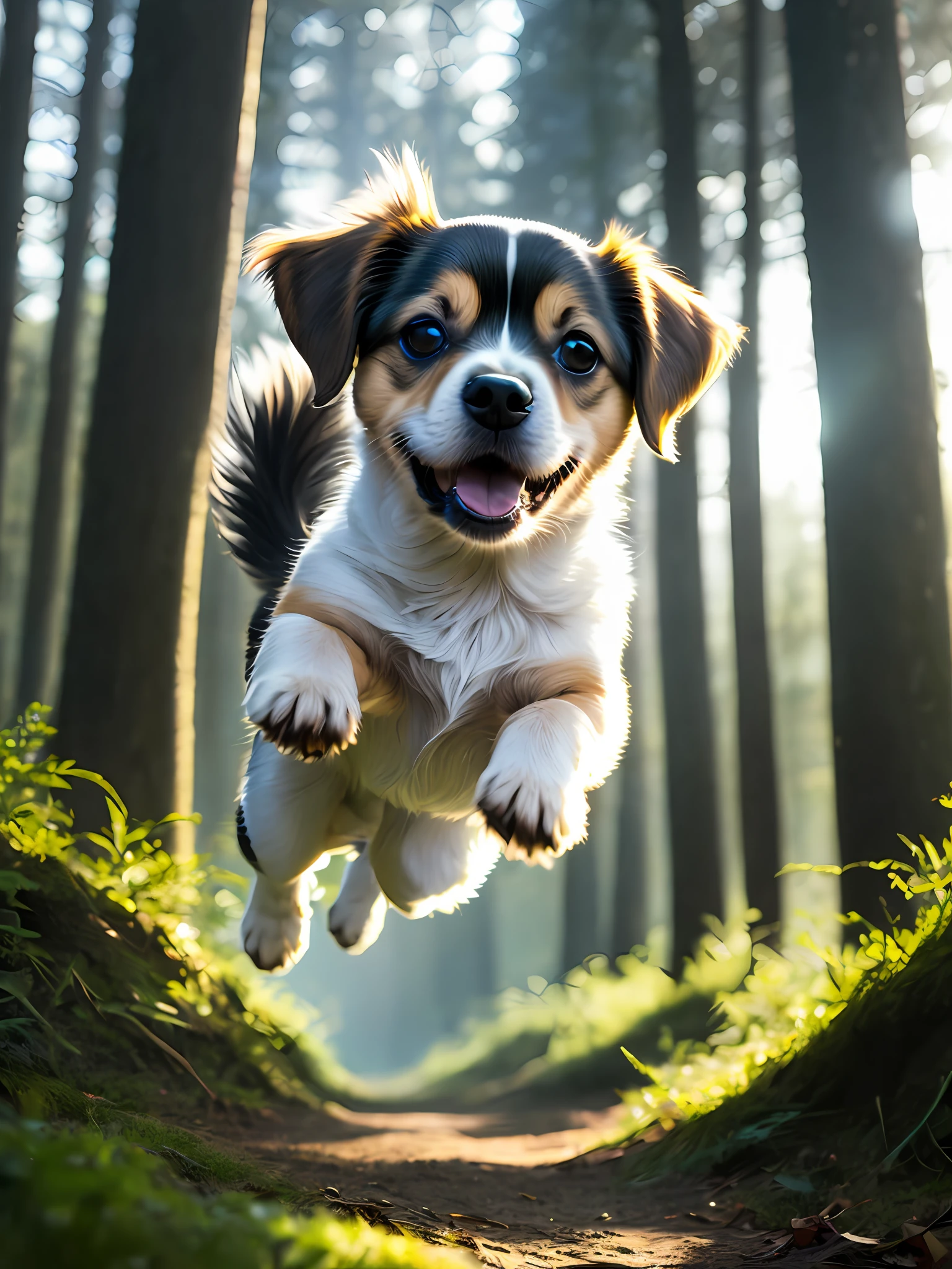 Close-up of a very cute jumping puppy in the forest, soft volumetric light, (backlight: 1.3), (movie: 1.2), intricate details, (ArtStation: 1.3), Rutkowski
