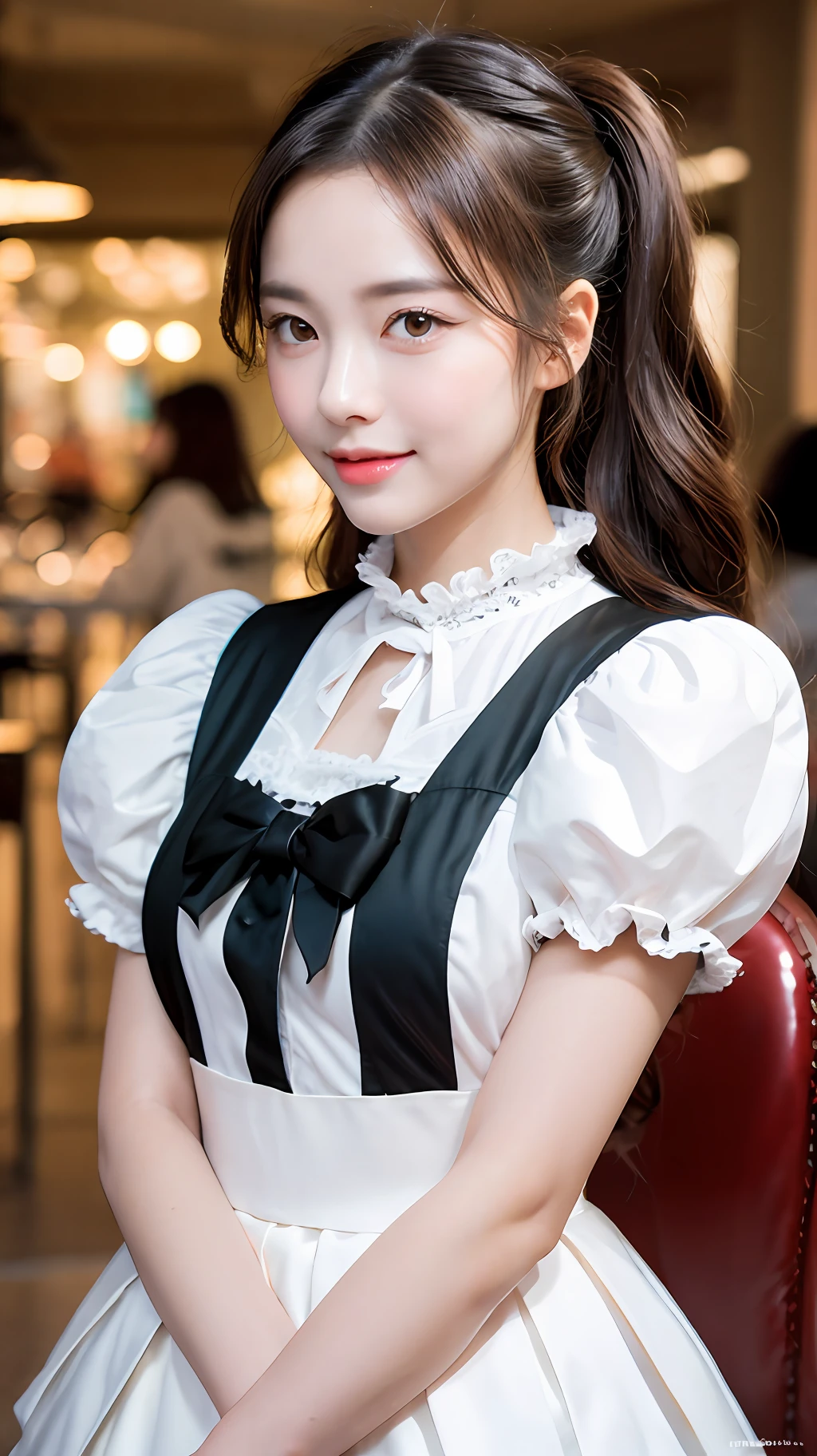 iphone14 shooting, Chinese, girl, round face, big eyes, blush, high double ponytail, dark brown hair, student, front, full body, pose, detail. Perfect face, delicate facial features, shyness, blush, shyness, light makeup, pink lips, fair skin, rendering, pure, pure girl, pure, pure, simple girl, Lolita hair ornament, sweet smile, green face, high light intensity. Air, long air. Realistic portraits. Pink face. Close-up of face, petite figure, fill light. (in the center of the picture)), ultra-high precision, super detail, lens aperture, masterpiece, beautiful and delicate eyes, peerless beauty, messy black hair, high double ponytail, fluffy hair, delicate facial features, transparent light, best quality, best quality, close-up, look at the lens, goddess, long eyelashes, big eyes, loli face, high nose bridge, delicate facial features, moist lips, perfect proportions, shyness, green, super clear quality, 8K resolution, colorful (((Lolita)), folds, ((Lolita style, Multi-layered pleated skirt)), close-up, petite, not exposed, macro shot, highlight, full body, colorful bubbles, slender, wearing Lolita, glowing skin, perfect face, sweet smile, blushing face, biting fingers, medium and telephoto, in the mall, coquettish, with real feeling..., illuminate face, close-up of face, perfect body structure, close-up, rendering, long air, movie aurora lighting. fill light effect, bright light,