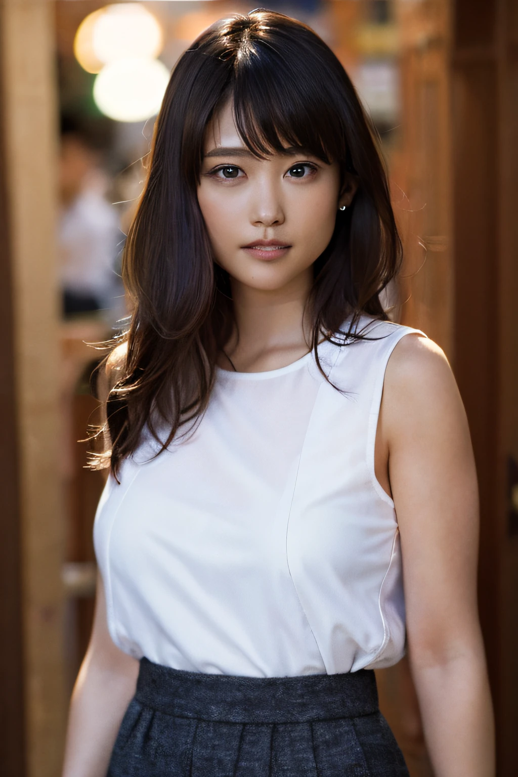 (8k, RAW photo, top quality, masterpiece: 1.2), (realistic, photorealistic: 1.37), ultra detail, ultra high resolution, one girl, beholder, beautiful detailed face, smile, constriction, (slim waist): 1.3), shirt, beautiful detailed skin, skin texture, floating hair, professional lighting, big breasts, kind eyes, white sleeveless, peering, upper body, water