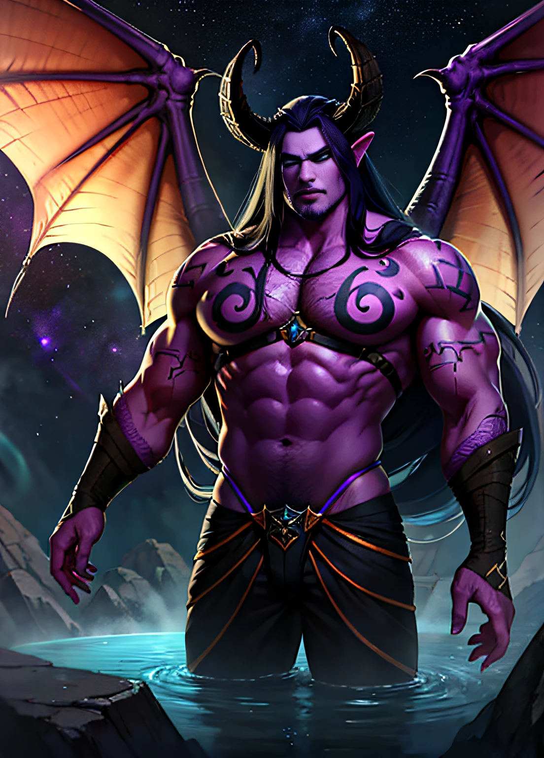 1boy, muscular burly burly incubator demon, wings, big horns, bright blue eyes, big bump thong, space, water, reflection, volumetric lighting, best quality, masterpiece, realistic, dark purple gradient very long hair, character chart, anatomically correct, 4K