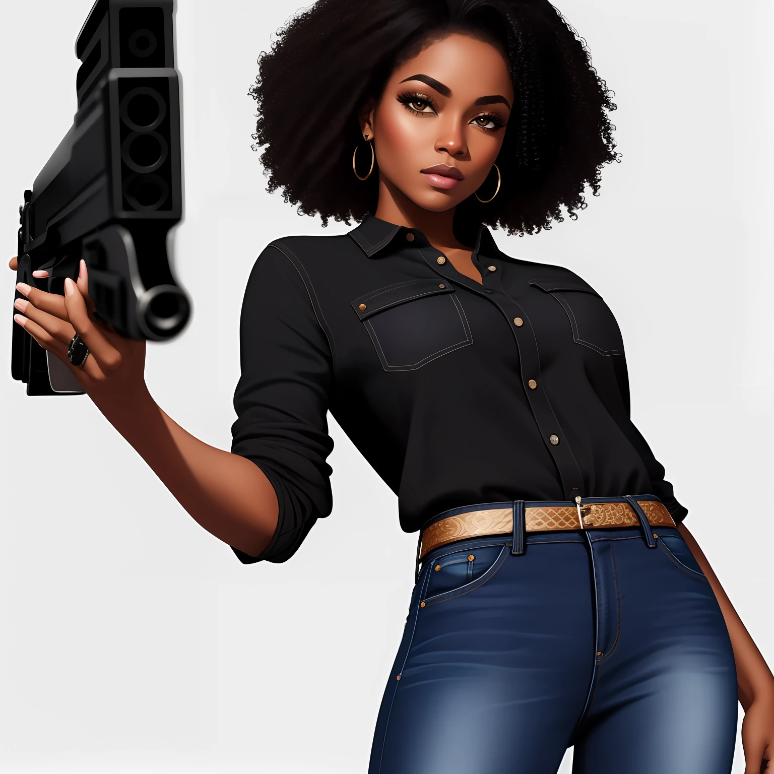 masterpiece, best quality, illustration, {detailed black woman}, beautiful detailed brightness, detailed lighting, short hair, curly hair, (jeans shirt: 1.1), strong look, aiming a revolver forward.
INFO