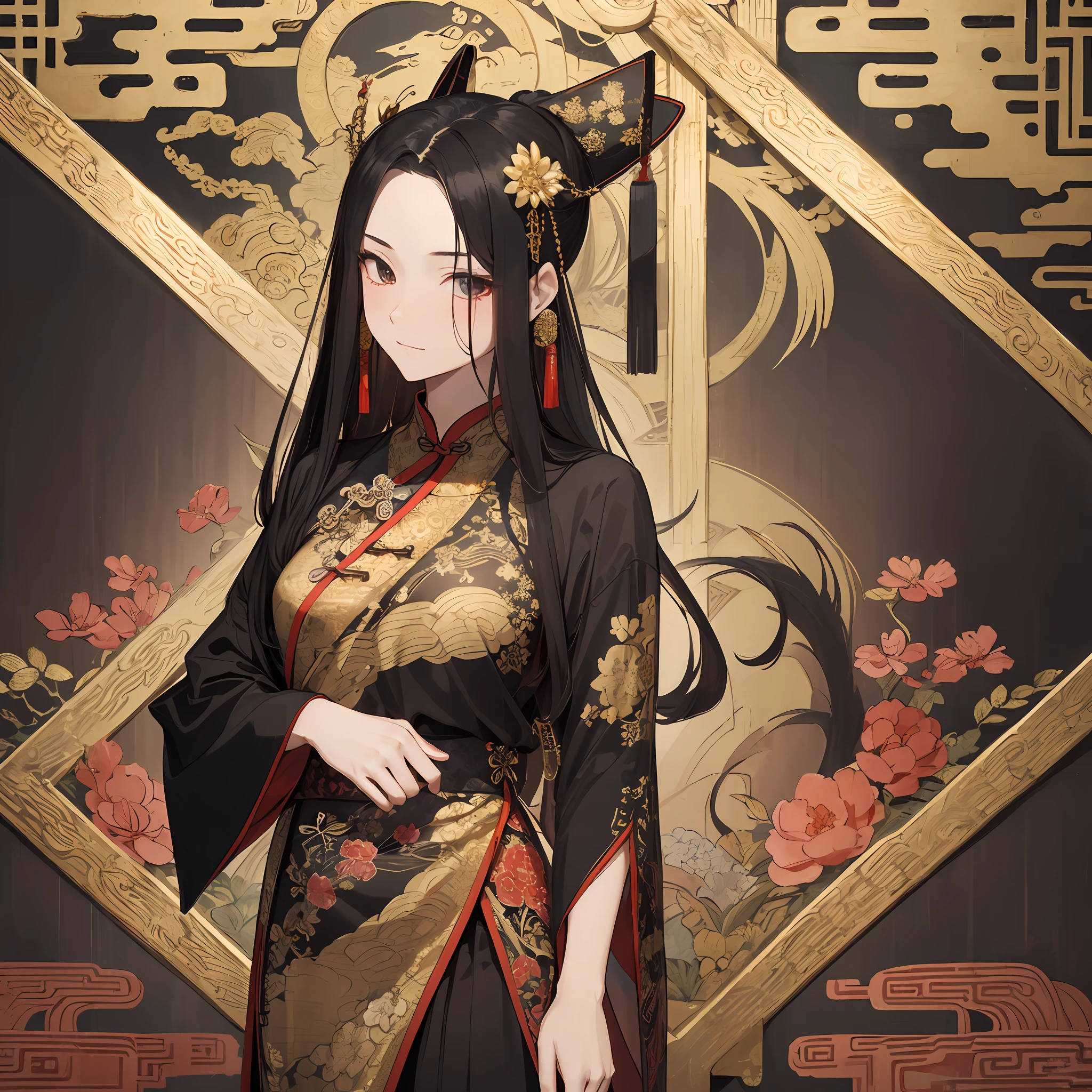 A queen, with clear facial features, disheveled clothes, wearing gorgeous ancient Chinese decorations, black and gold patterns, black and gold blend, the background is in the ancient Chinese hall