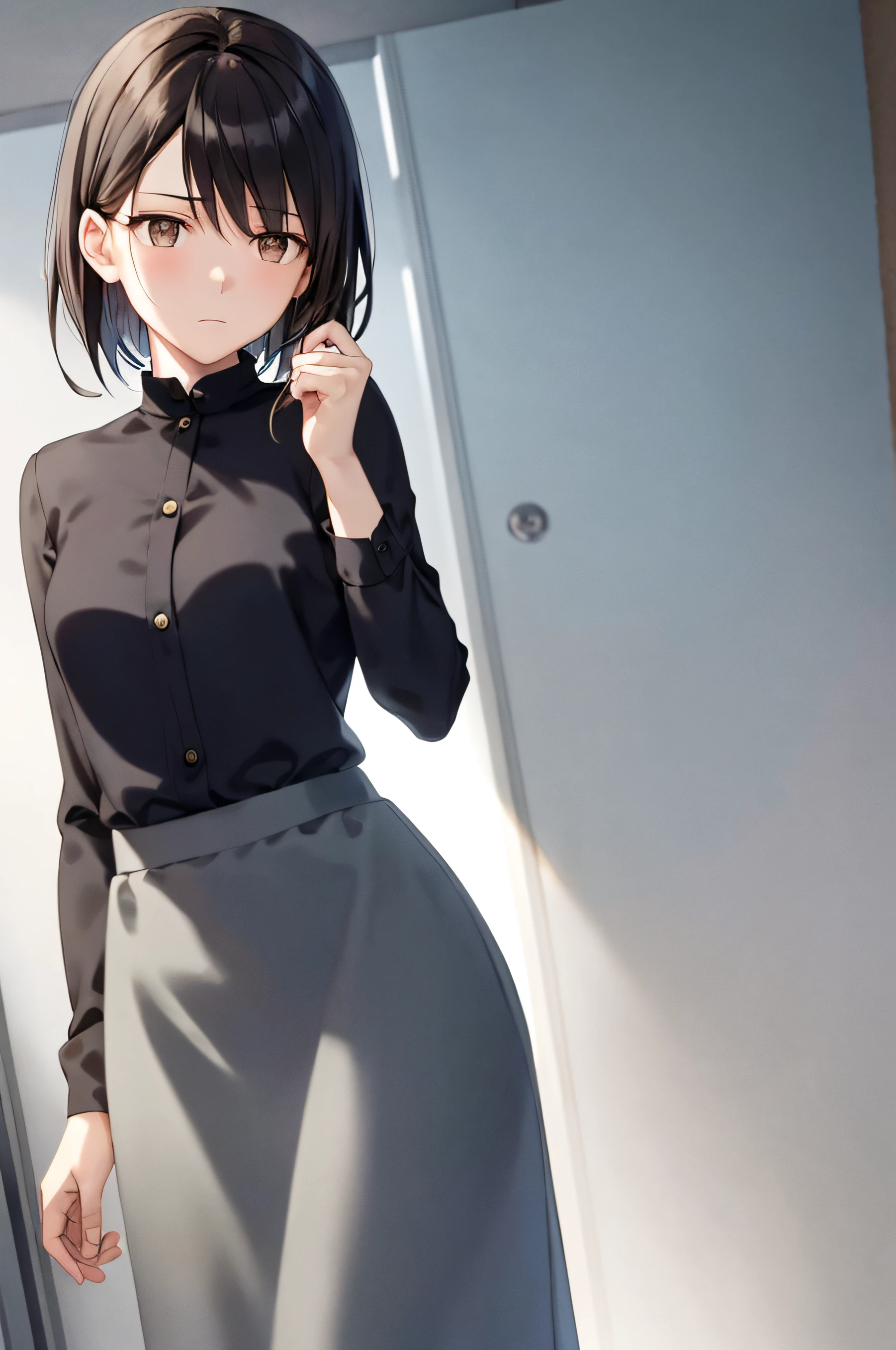 Very detailed and precise anime style illustration, very beautiful 22-year-old woman, headless standing figure, horizontal angle, looking at the camera, short brown hair, perfect round gray eyes, small breasts, solo, gray long-sleeved shirt, sad expression, wearing a gray long skirt. The background is white, backlit, Makoto Shinkai CG art.