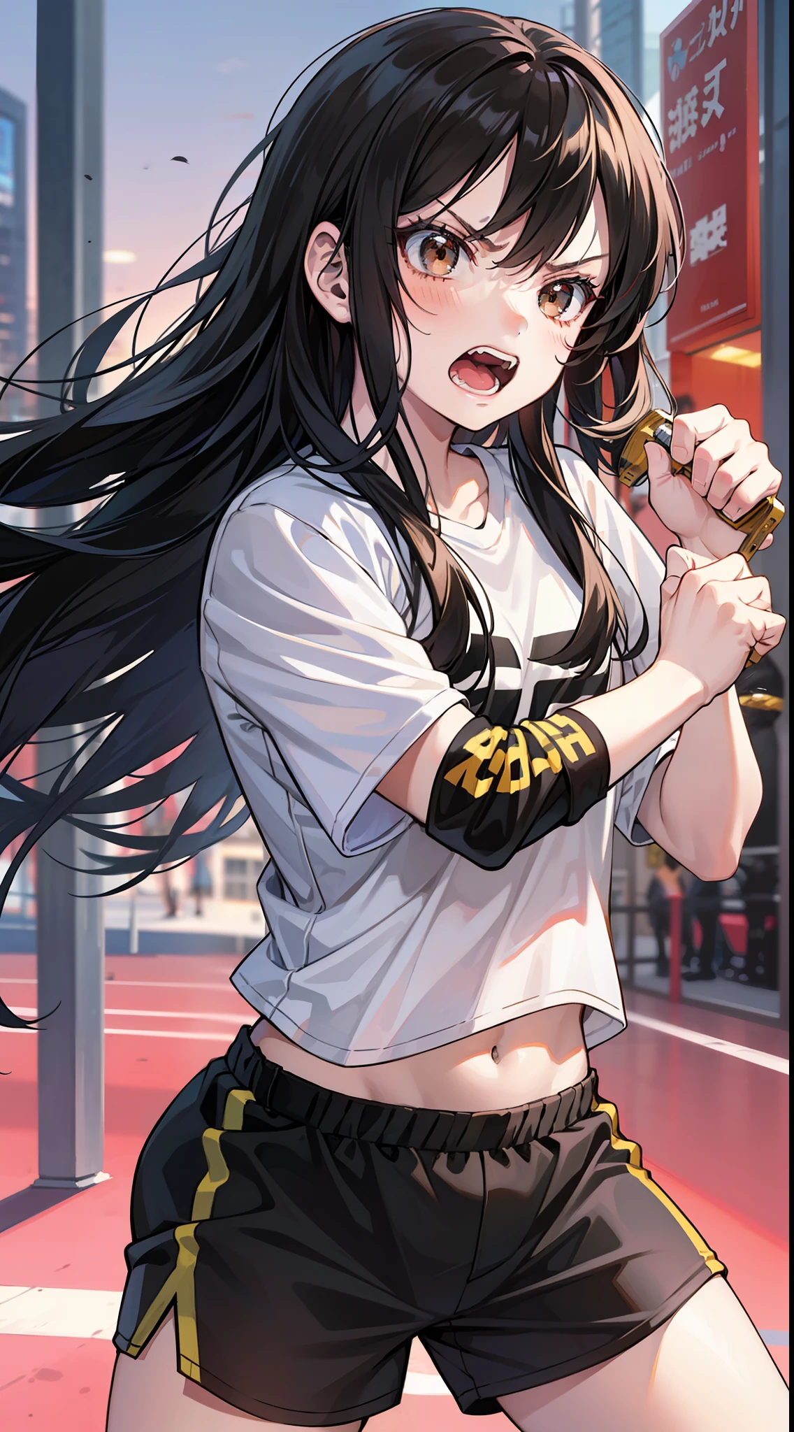 Young girl, long black hair, brown eyes, t-shirt, sports shorts, angry, fighting stance, masterpiece, high quality