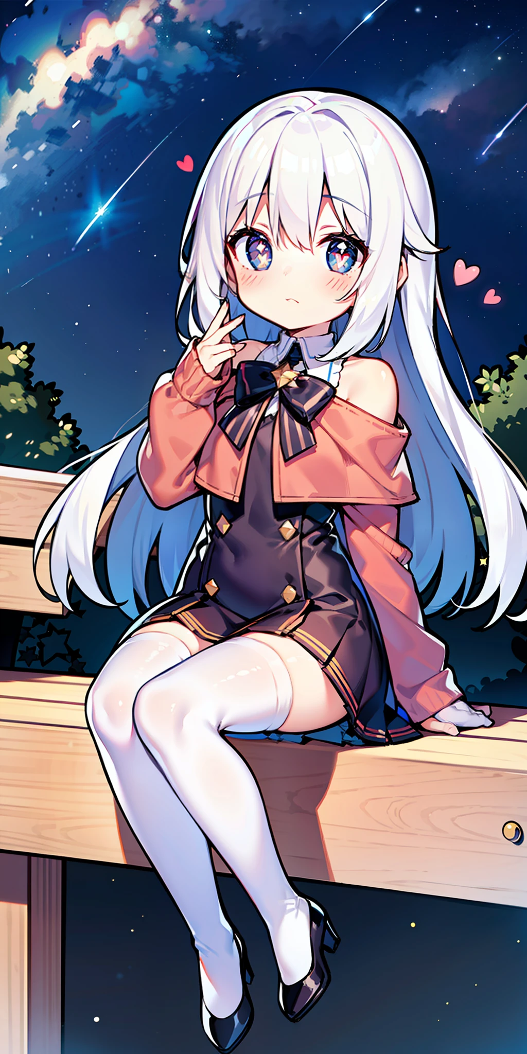 Lori, long hair, cute, white stockings, heart-shaped pupils, solo, blush, off-the-shoulder, skirt, white hair, night, starry sky, outdoors, shooting star, sit down