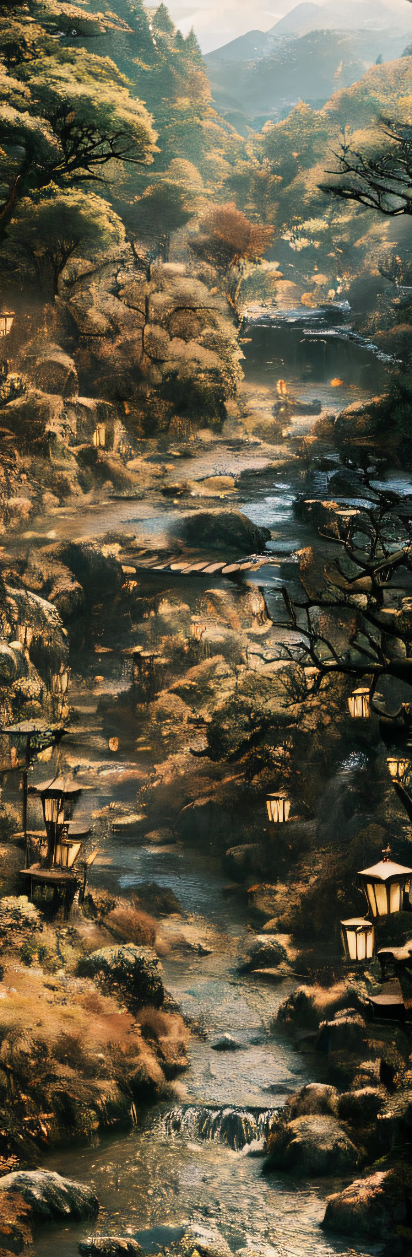 Old Kyoto cityscape, Japan-like wooden architecture surrounded by moss and trees, submerged Kyoto city, Kyomachiya, Japan residential mansions, Japan Kyoto, Kyoto city integrated with the forest, water flowing on the road, decadent and devastated Kyoto, city of Kyoto flooded and covered with forest trees, lanterns, lanterns, fishing lanterns, RAW photos of landscapes, detail, photorealistic, ultra-realistic photos, 8k UHD, DSLR, soft lighting, High Quality, Film Grain, FUJIFILM XT3, (Masterpiece), Human POV, Human Eye Level, Masterpiece, Top Quality, Highly Elaborate CG Unity 8K wallpapers, oil paintings, award-winning photography, bokeh, depth of field, HDR, bloom, chromatic aberration, photorealistic, very detail, art station, CGSociety trend, complex, high detail, Dramatic, Art by Mid-Journey, Volumetric Lighting