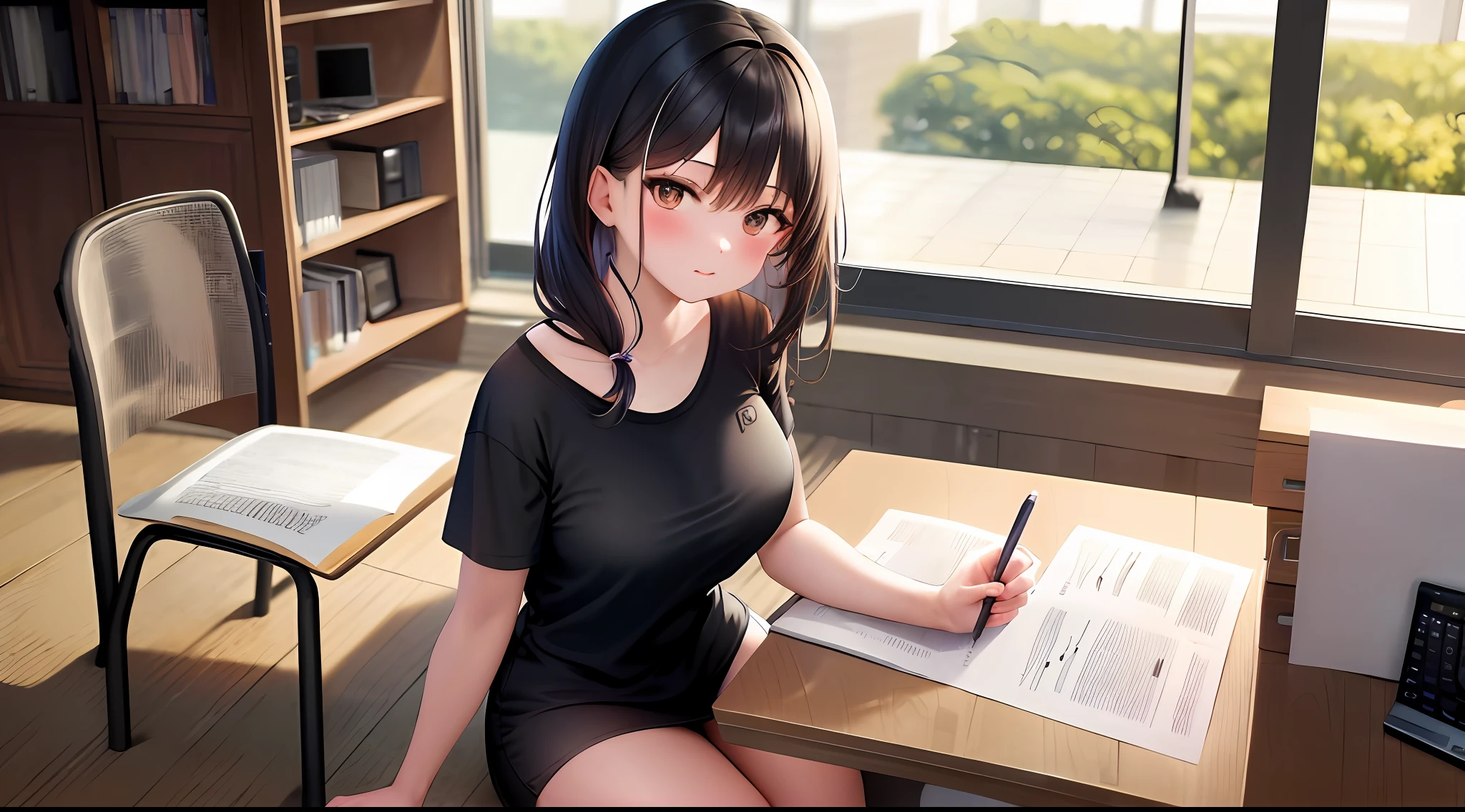 masterpiece, best quality, high resolution, one girl, flappy t-shirt, girl sitting on chair studying drafting at desk ,, studying seriously, good luck studying, drafting, beauty, cute, Japan super idol, paperworker, architect, bob hair