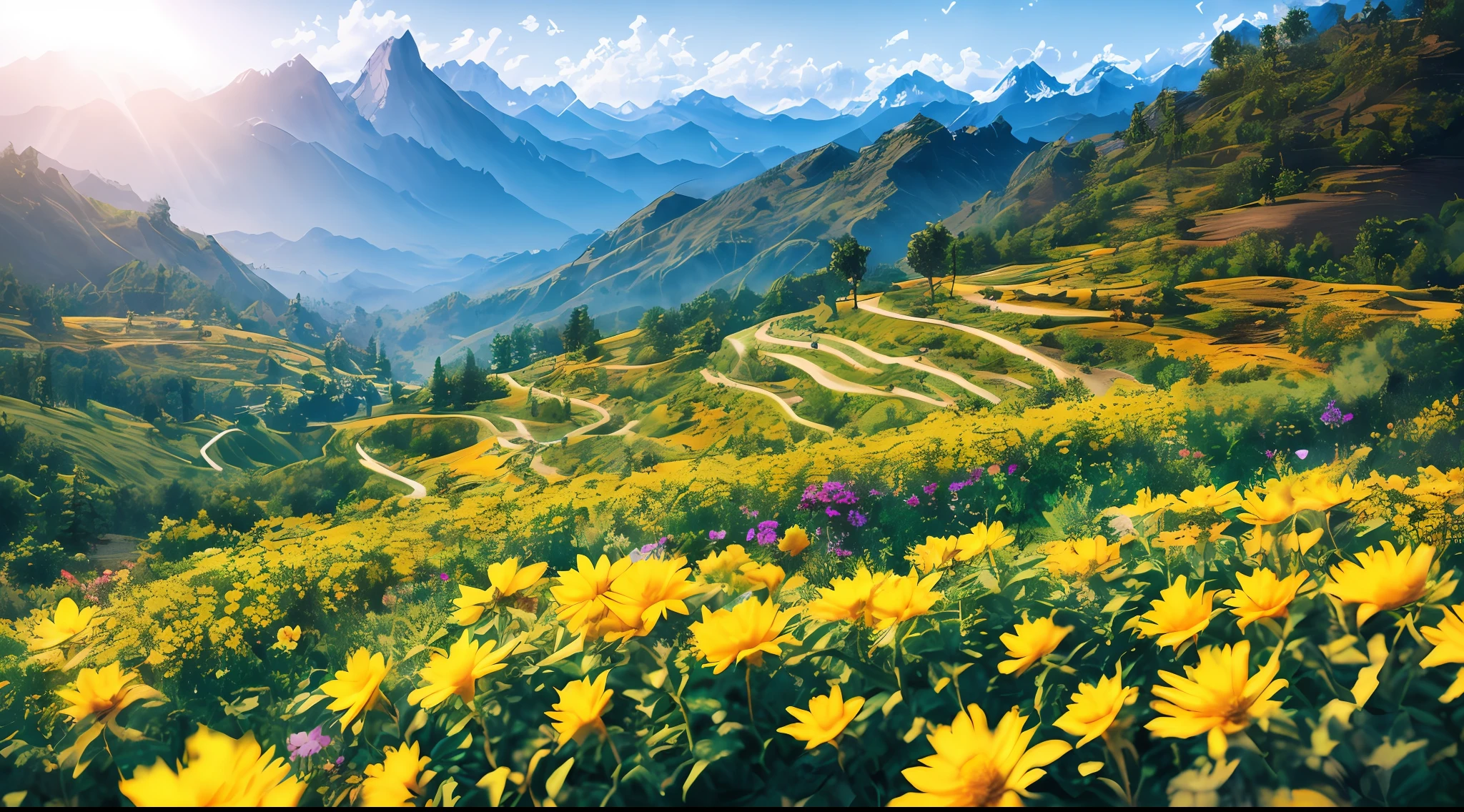 valley of flowering mountains, hills, plains with flowers trees with fruits, rays of light descending from the sky, masterpiece, high quality, high quality, highly detailed CG 8k wallpaper unit, award-winning photos, bokeh, depth of field, HDR, bloom, chromatic aberration, realistic, very detailed, trend in artstation, trend in CGsociety, complex, high detail, dramatic, art in the middle of the journey,  Volumetric lighting