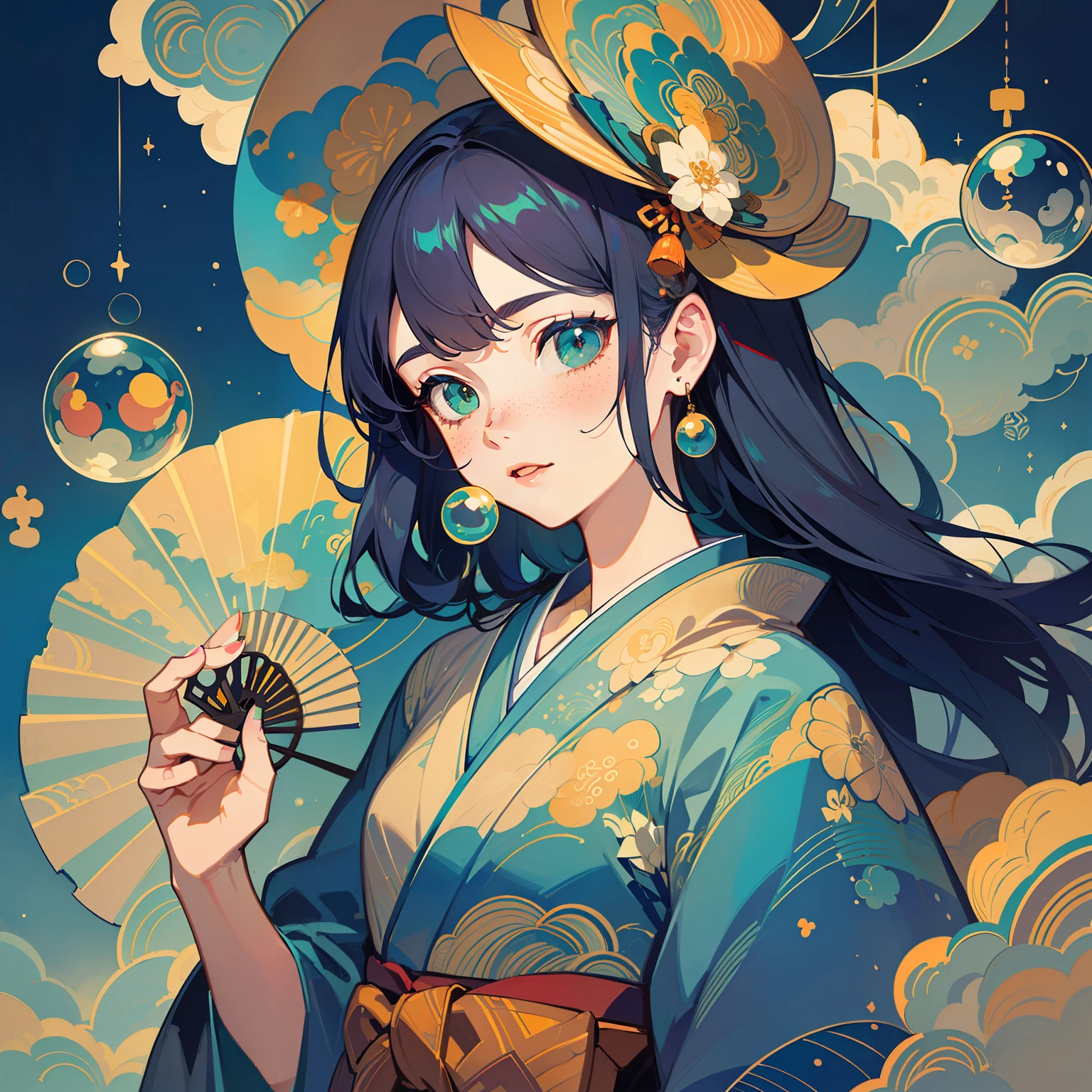 ((Masterpiece)), ((Ultra Detailed)), (Best Quality)), Beautiful Detailed Eyes, Detailed Face, Best Lighting, Best Shadow, 1 Front Bust Girl, Solo, ((Traditional Chinese Chinese Style, Edge Lighting, Flat 2D Style, Disney 2D)), ((The main colors are orange and green)), Huge Paper Fan, (Girl Inside Paper Fan:1.5), Brush Island, Brush Paradise, World Made of Paper Fan, Freckles, Cold Nose, (((Bubble)), Marbles, Japanese Inspiration, (Highly detailed), Vortex Effect, A3,