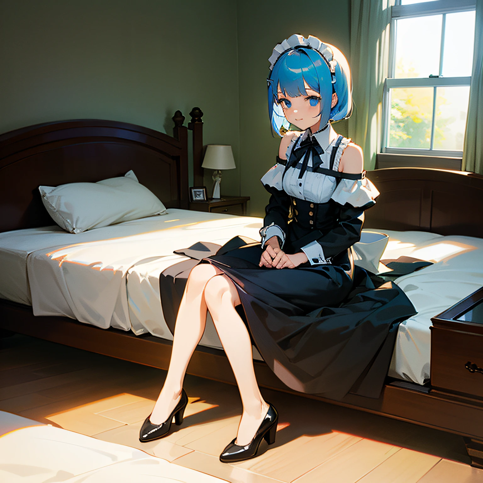 1 girl, maid outfit, short light blue hair, black outfit, maid outfit, bed, exposed shoulders, blue eyes, hairpins, full body, sitting on bed, ((bangs comb on right))), window, sunlight, shyness --auto