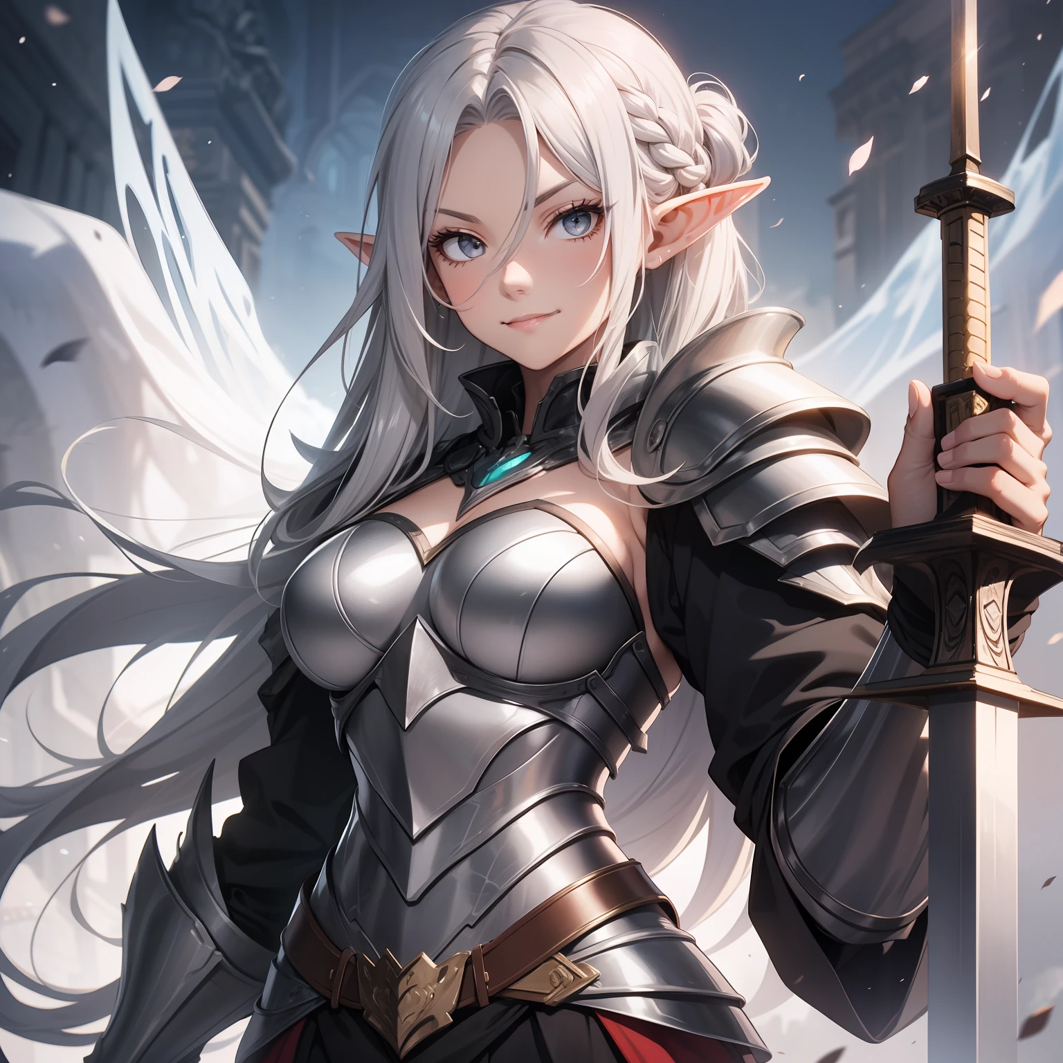35-year-old woman, long gray hair tied in a braid, silver eyes, elf, majestic armor, sword in her hands, mature smile, serious but calm countenance