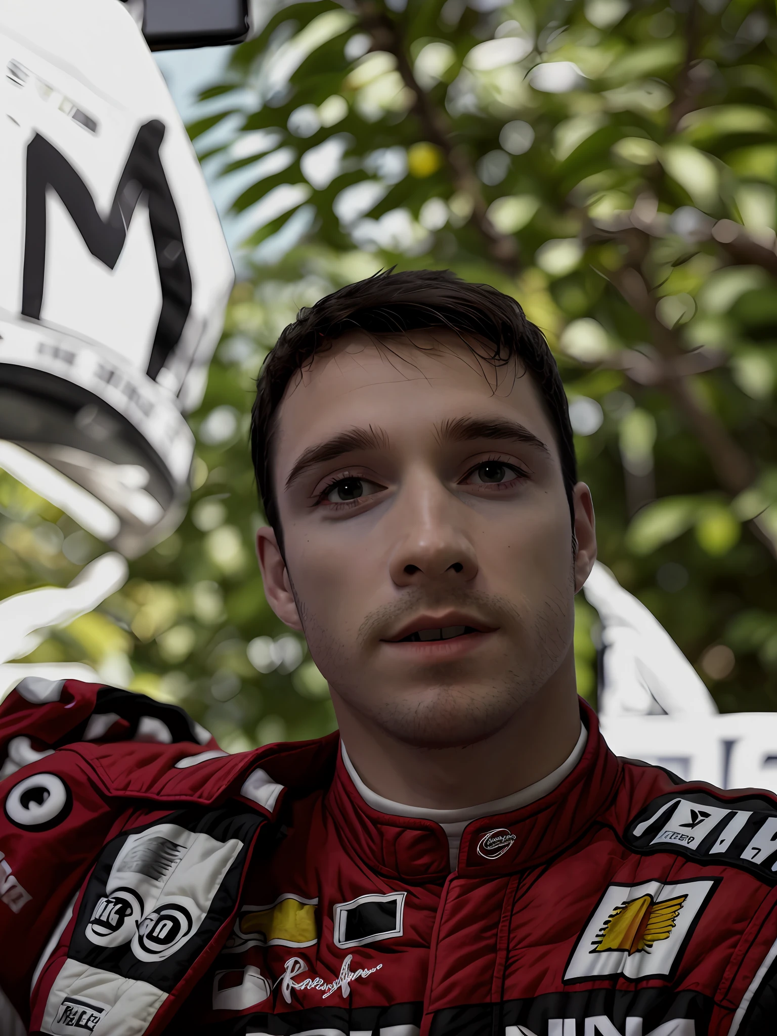 a man in a red nascar suit, in a jungle paradise, [smiling], (close up, head shot), raw, 8k, uhd, fujifilm xt3 highly detailed face