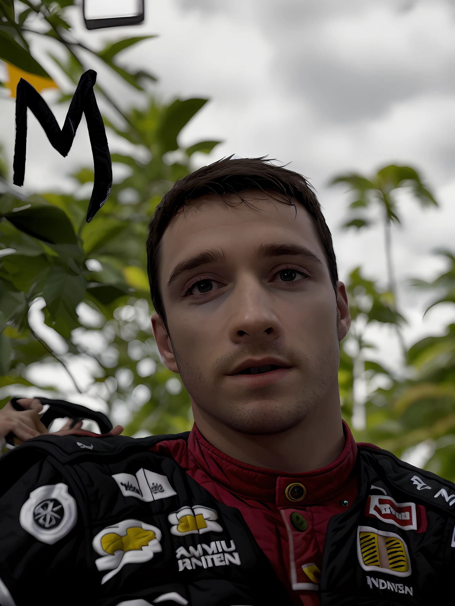 a man in a red nascar suit, in a jungle paradise, [smiling], (close up, head shot), raw, 8k, uhd, fujifilm xt3 highly detailed face