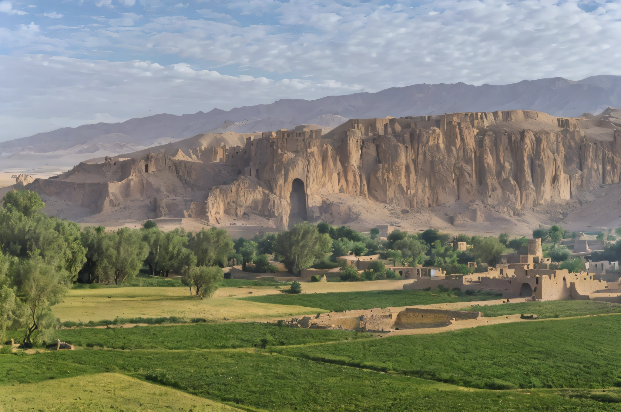 arafed view of a village in the middle of a valley, cinematic silk road lanscape, sheer cliffs surround the scene, arid mountains and palm forest, oasis in the desert, a beautiful landscape, ancient city landscape, seen from afar, panorama of crooked ancient city, very very beautiful scenery, mountain valley to fortress, an epic landscape, beautiful ancient ruins behind