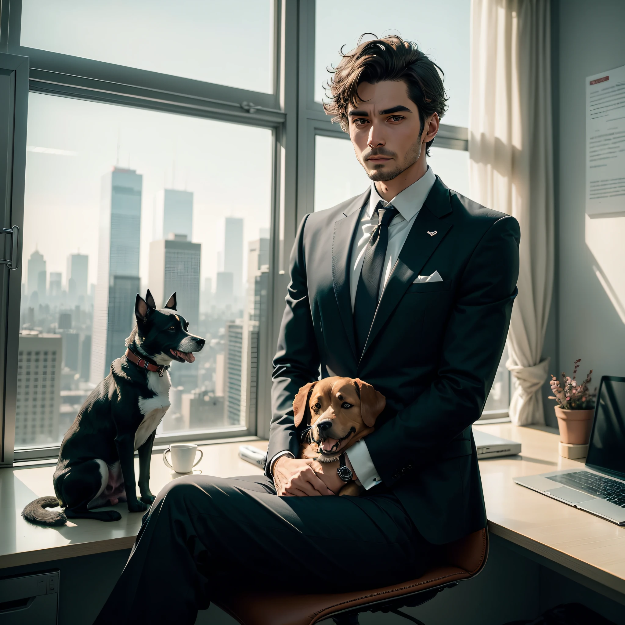 man in a black suit with a dog's head, sitting in an office, in the background a large window overlooking a city full of buildings
