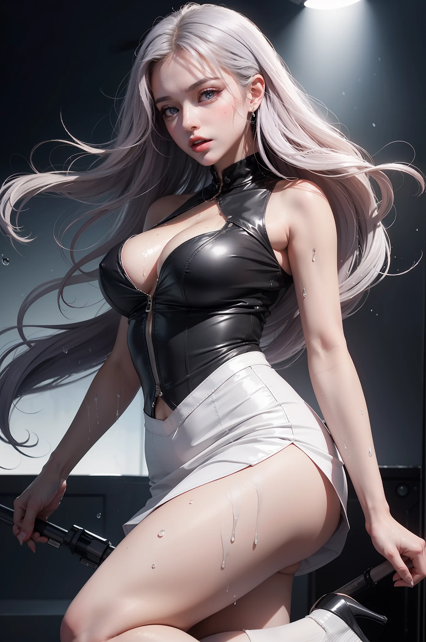 Very detailed CG, beautiful eyes, girl on stage, 1 girl, blue pupils, red face, slightly open lips, wet body, visibly translucent white liquid on face and mouth, plump and symmetrical breasts, bulging buttocks, white tight uniform skirt, black leg socks, white high heels, long purple hair, perfect leg curve, chest close-up, hip close-up, water drop effect, liquid effect, futuristic, technological, dynamic angle, flowing, 8k wallpaper, masterpiece, best quality, super detailed, best lighting, the best shades