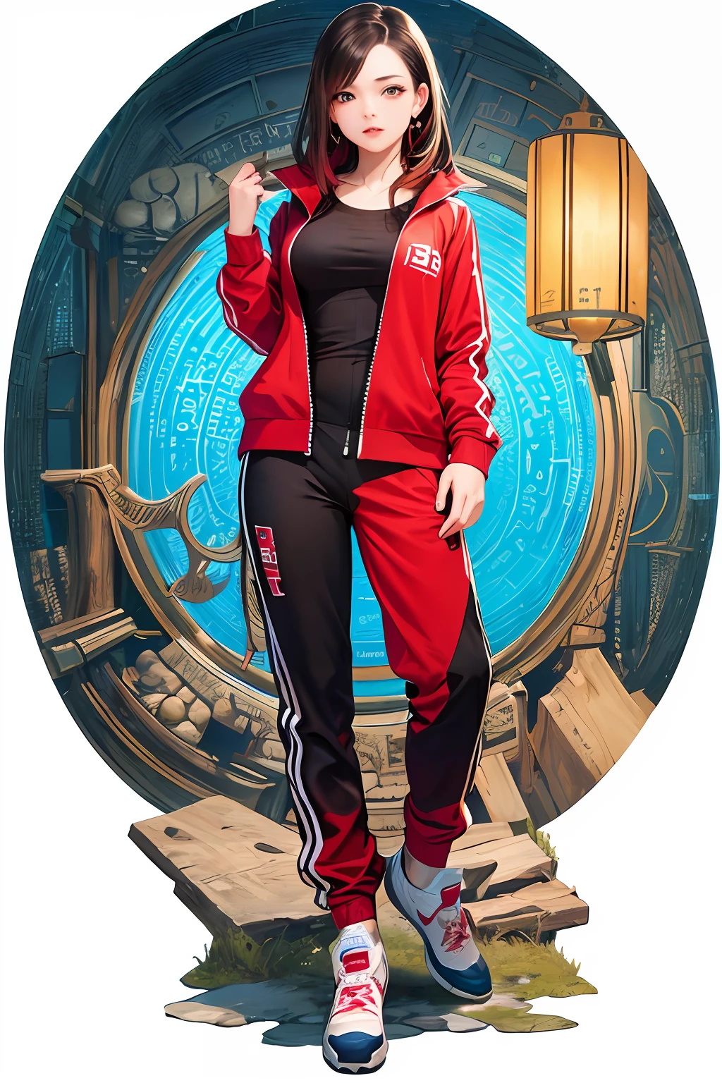 (Masterpiece, Top Quality, Best Quality, Official Art, Beauty and Aesthetics: 1.2), (1girl), Extreme Detail, (Fractal Art: 1.3), Colorful, Most Detailed, A Woman in a Stunning Red Chinese Li Ning Tracksuit