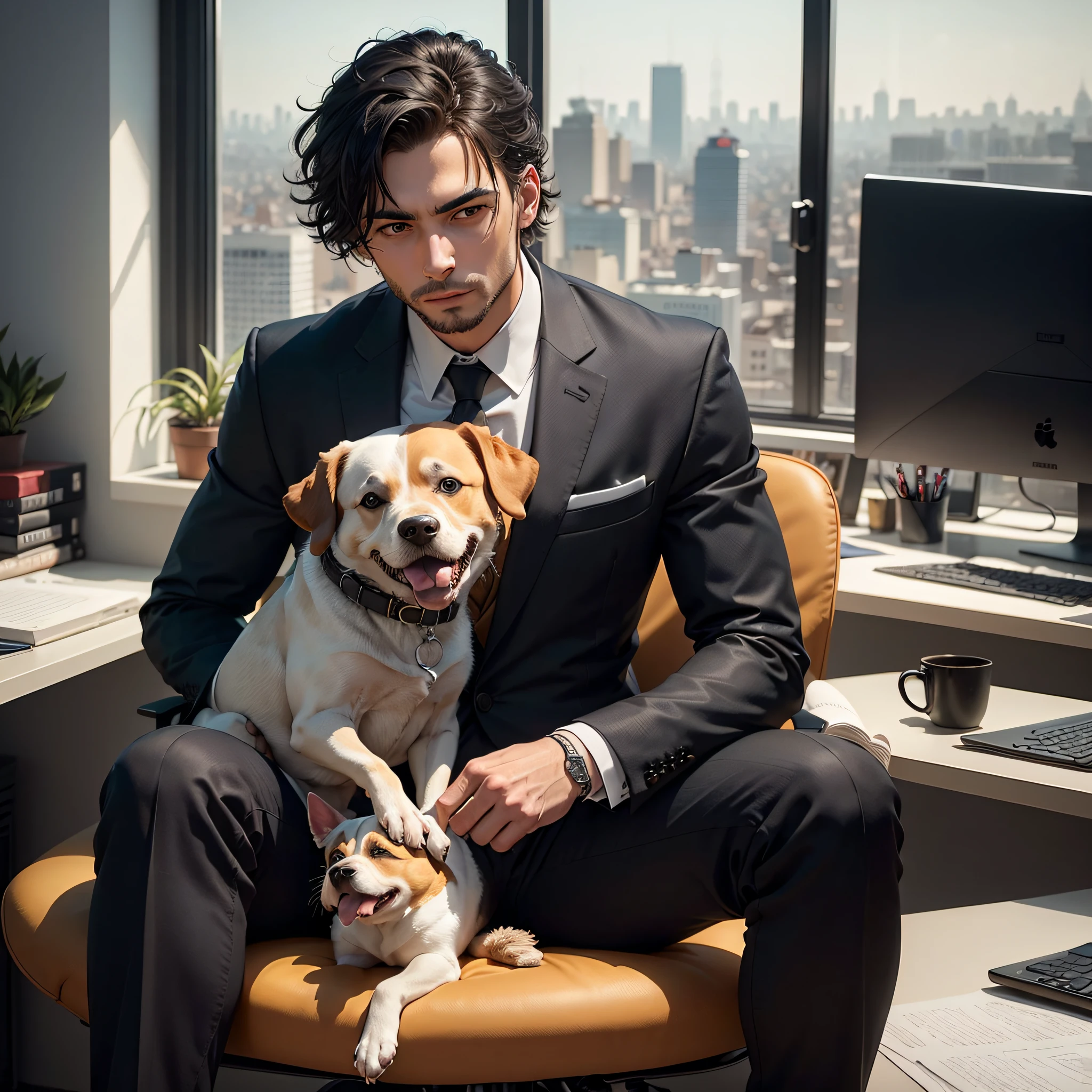 man in a black suit with a dog's head, sitting in an office, in the background a large window overlooking a city full of buildings
