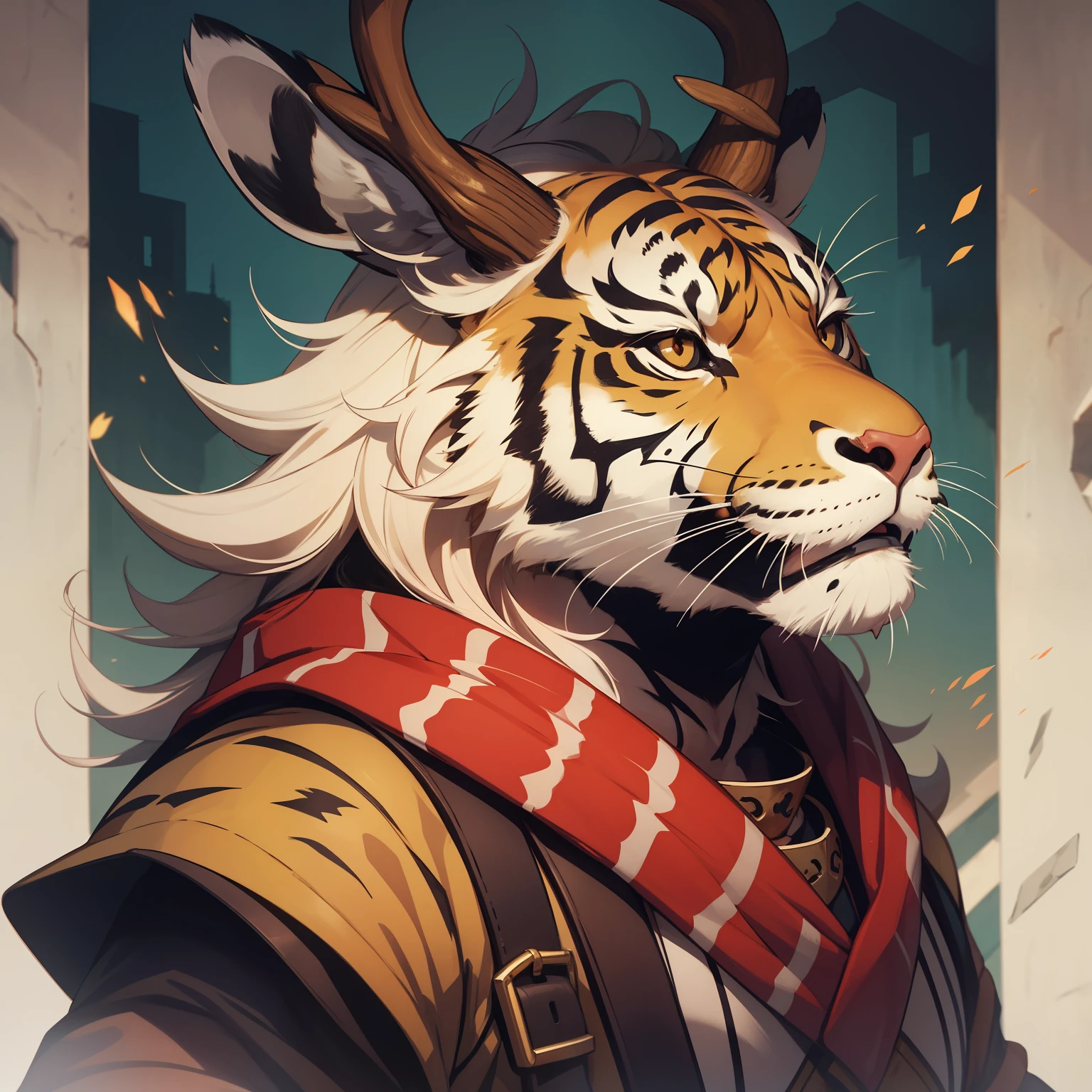 40-year-old beast man, tiger head with deer horns on his head, stocky body, stone shoulder pads and wristbands, medieval bullfighters with spikes