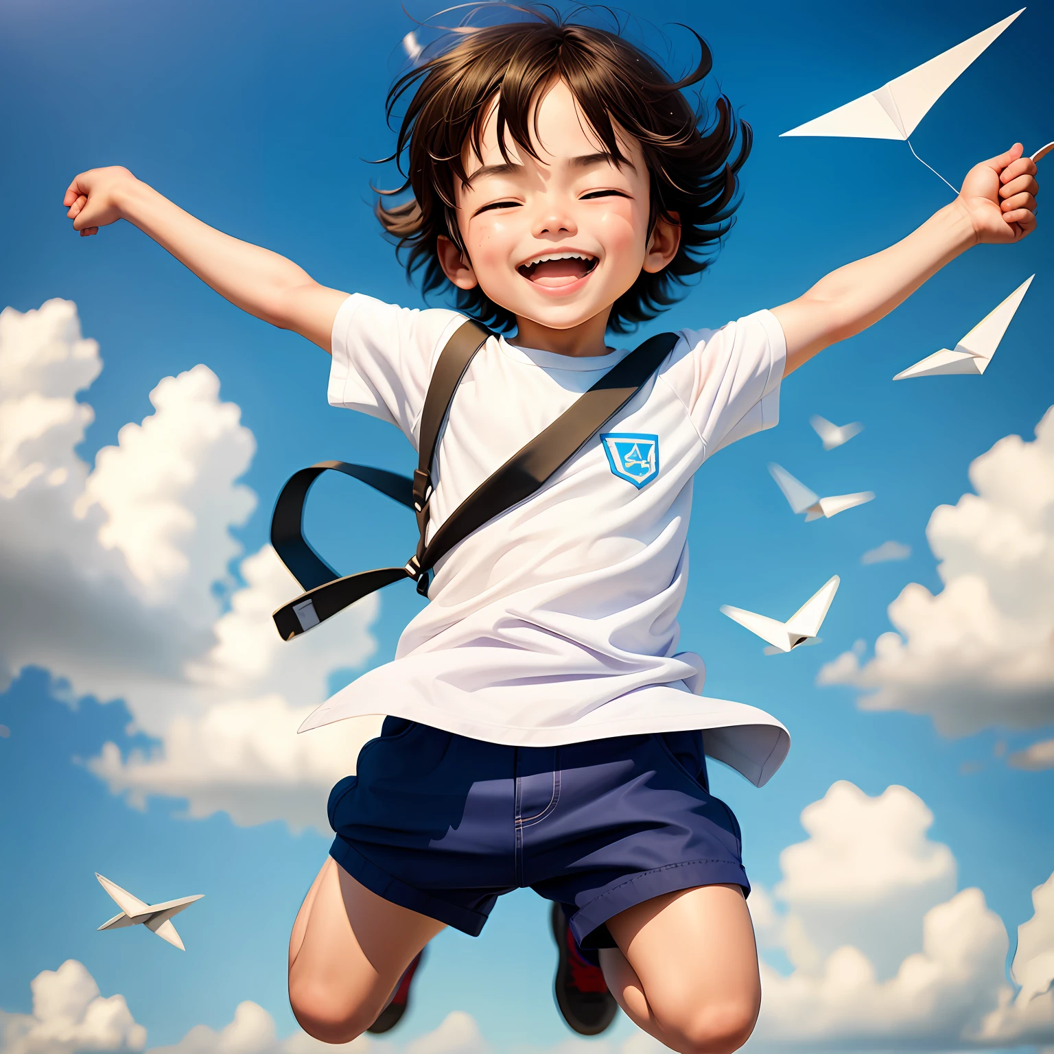 Boy starting to fly in the sky on clouds, expression full of surprise and joy, vast blue sky --auto