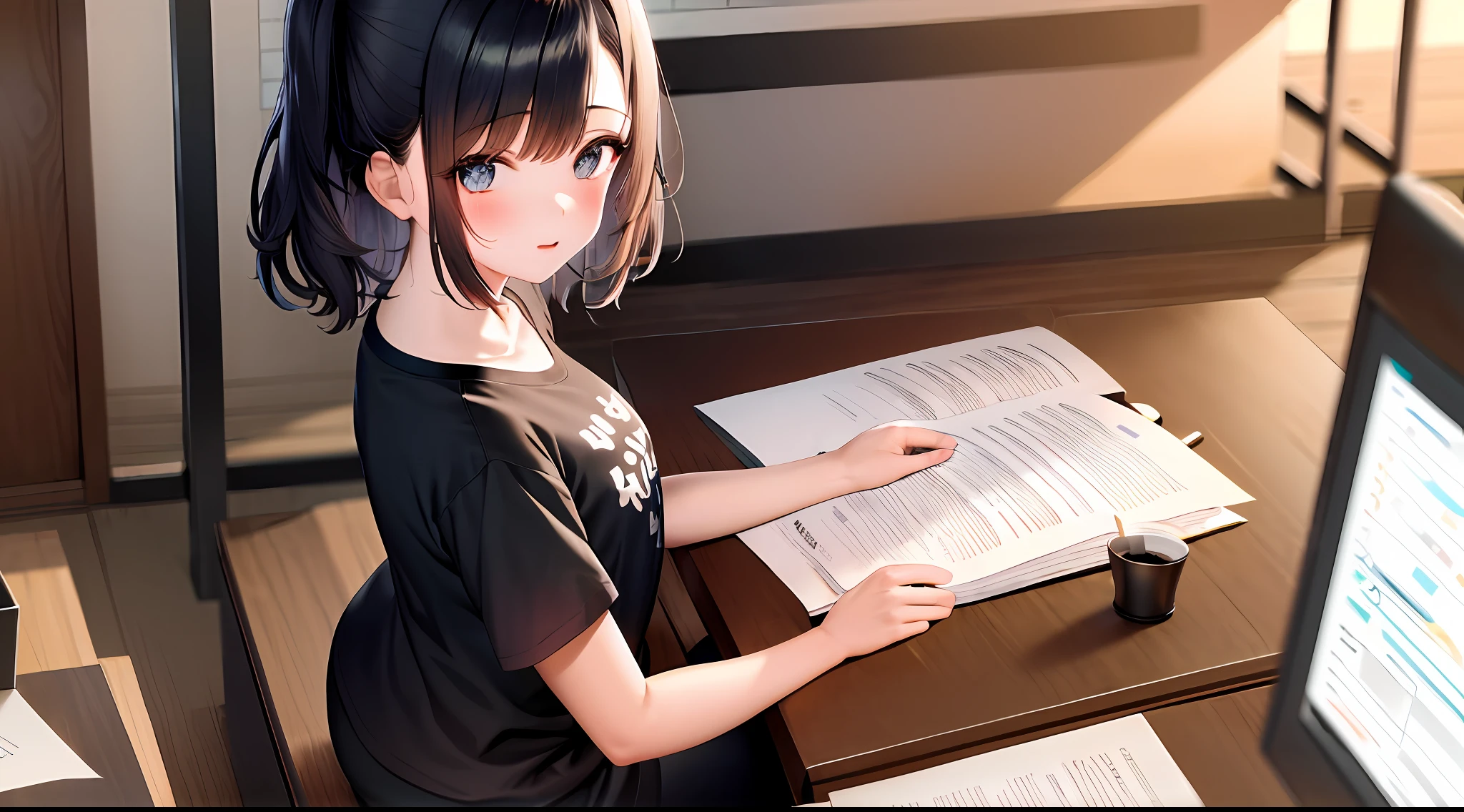 masterpiece, best quality, high resolution, one girl, flappy t-shirt, girl sitting on chair studying drafting at desk ,, studying seriously, good luck studying, drafting, beauty, cute, Japan super idol, paperworker, architect, bob hair