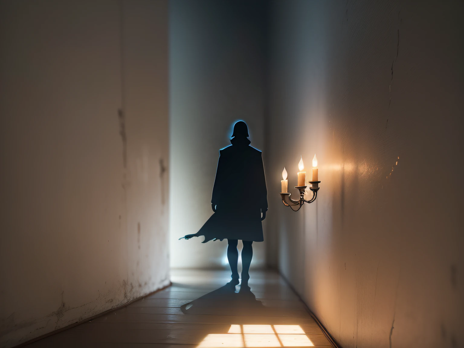 (A mysterious figure's shadow cast on the wall, illuminated by the flickering candlelight.)