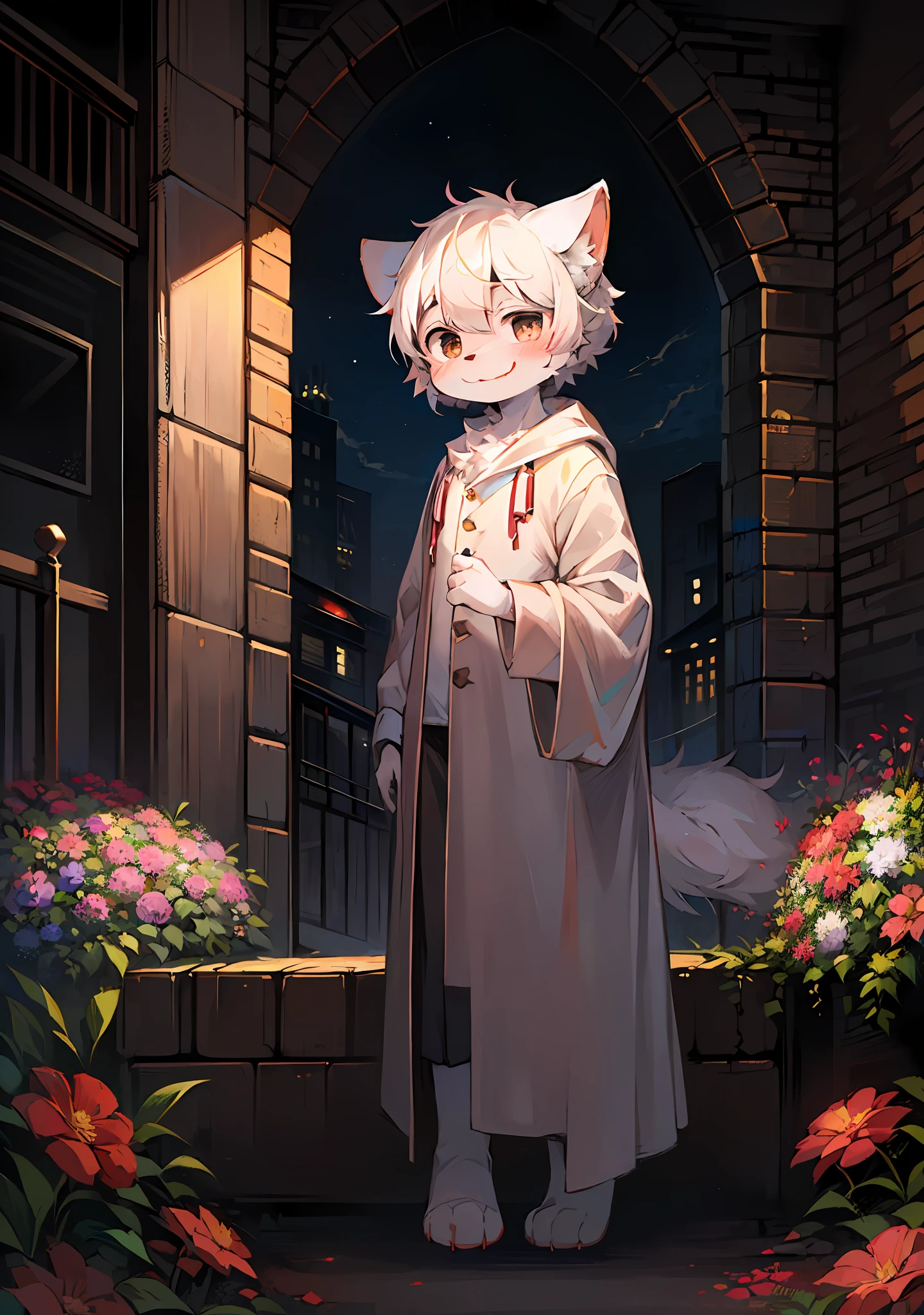 (Dark Environment: 0.8), Masterpiece, High Quality, Abstract Res, Digital Painting\(artwork\), by Dagasi, Yupa, Kiyosan, (Anthro, Fluffy Fur, Character Focus: 1.1), Anthro Male Cat, Short Hair, Portrait , bright eyes, panorama, character focus. (Background: 0.7), Solo, Furry, Furry Male, Male Focus, Anthr, (Full Body Fur, Fluffy Big Tail, White Fur, Black Eyes, White Hair: 1.2), (Long Canids, , White Robe: 1.2), (Bright Outdoor, Blue Sky, Flower Bouquet, Smiling, Shy: 1.1)