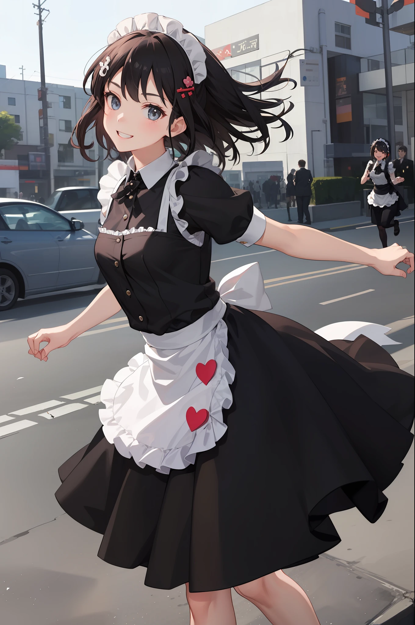 1 girl, smiling, skirt, (small) chillerism, dress, apron,,,,,,、 maid,,,,,,,,、 hair ornament, running briskly,