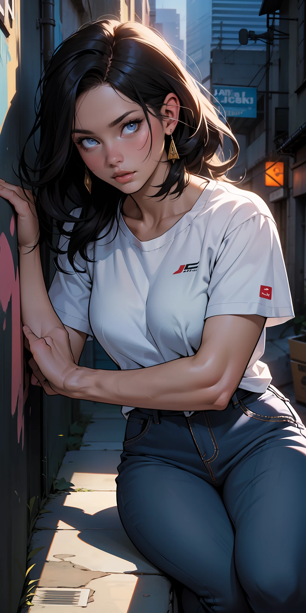 , (beautiful and clear background:1.2),, fantastic paintings ,graffit style, olhos altamente detalhados , a white t-shirt or tatoon stamp ,  ultra detailed hair, masterpiece, best quality, high quality, highres, detail enhancement, ((most beautiful image in the world)), masterpiece, best quality, high quality, highres, detail enhancement, ((most beautiful image )),with short, shiny black hair,  t-shirt, wearing jeans,, art by stjepan sejic, art by j scott campbell, art by guillem march, art by citemer liu, 4k, high resolution, comic book character, comic, high quality detailed,   style ::2.0 comix illustration style,tatoon style, high quality, highres, detail enhancement, 8k, hd, best quality, high quality, highres, detail enhancement, 8k, hdr, sharp focus, ultra detailed, perfect lighting