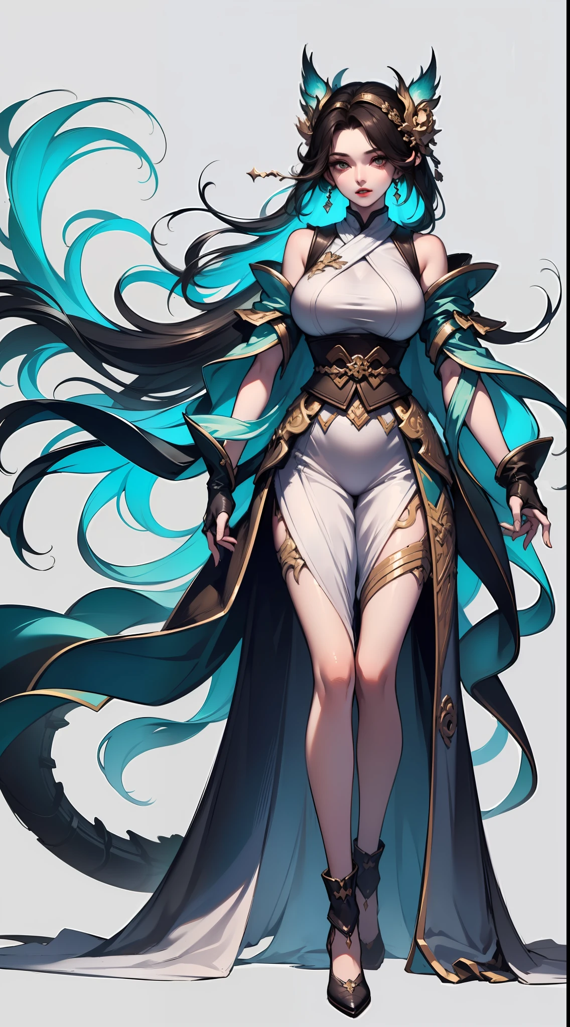 1 woman, full body, dragon tattoo, white background, xianxia, long hair, gorgeous hair accessories, green hanfu, high detail, sketch, denoising, cinematic grade, particle effects, white background, super high resolution, sharp focus, epic composition, masterpiece, (very detailed CG unified 8k wallpaper)