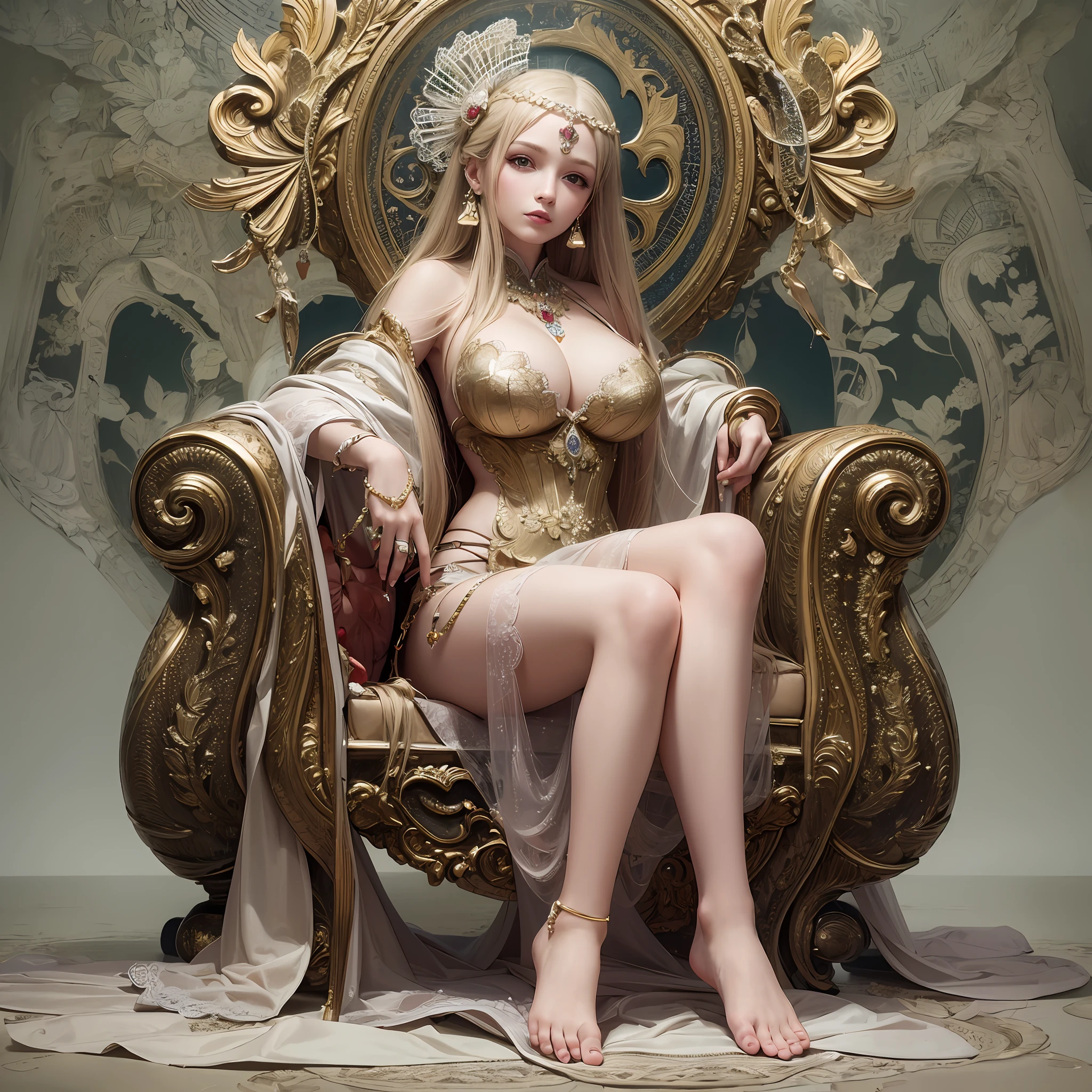 from below, a super beautiful woman with mysterious sharp slit eyes, who sits in a luxurious chair and casts a condescending cold gaze, barefoot toes and soles, White glossy side updo braided long hair, huge breasts, great proportion, full body, wearing a cloth with gold embroidery of see-through lace, background royal palace, anime, illustration, portrait, animification, high resolution, highest quality, super high quality, super detail, ultra realistic, photorealistic