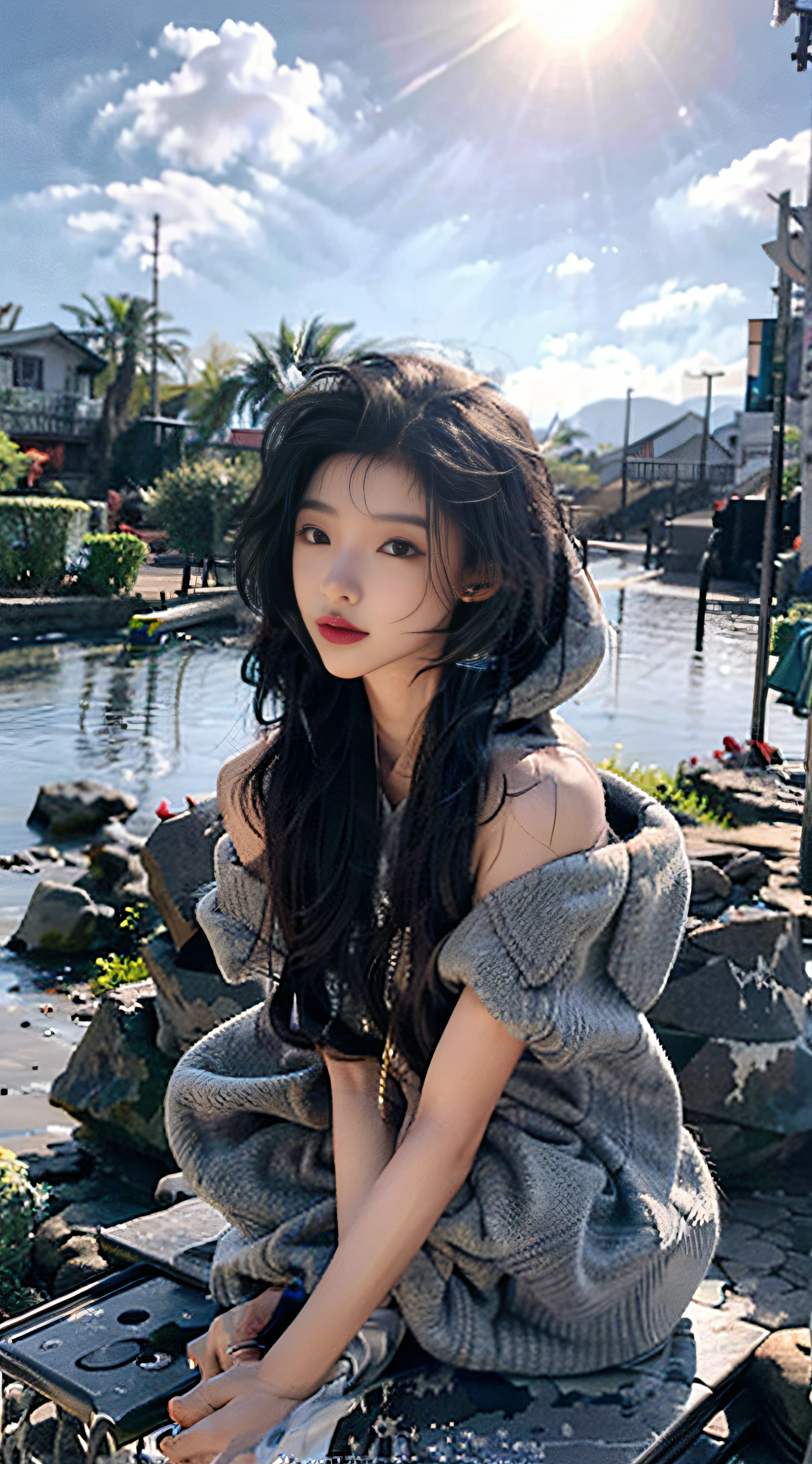 (From above) tea picker, big clouds, blue sky, rice fields, hoodie, blue hair, extra-long hair, off-the-shoulders, feather hair ornaments, night, gold decoration, HD details, ultra details,