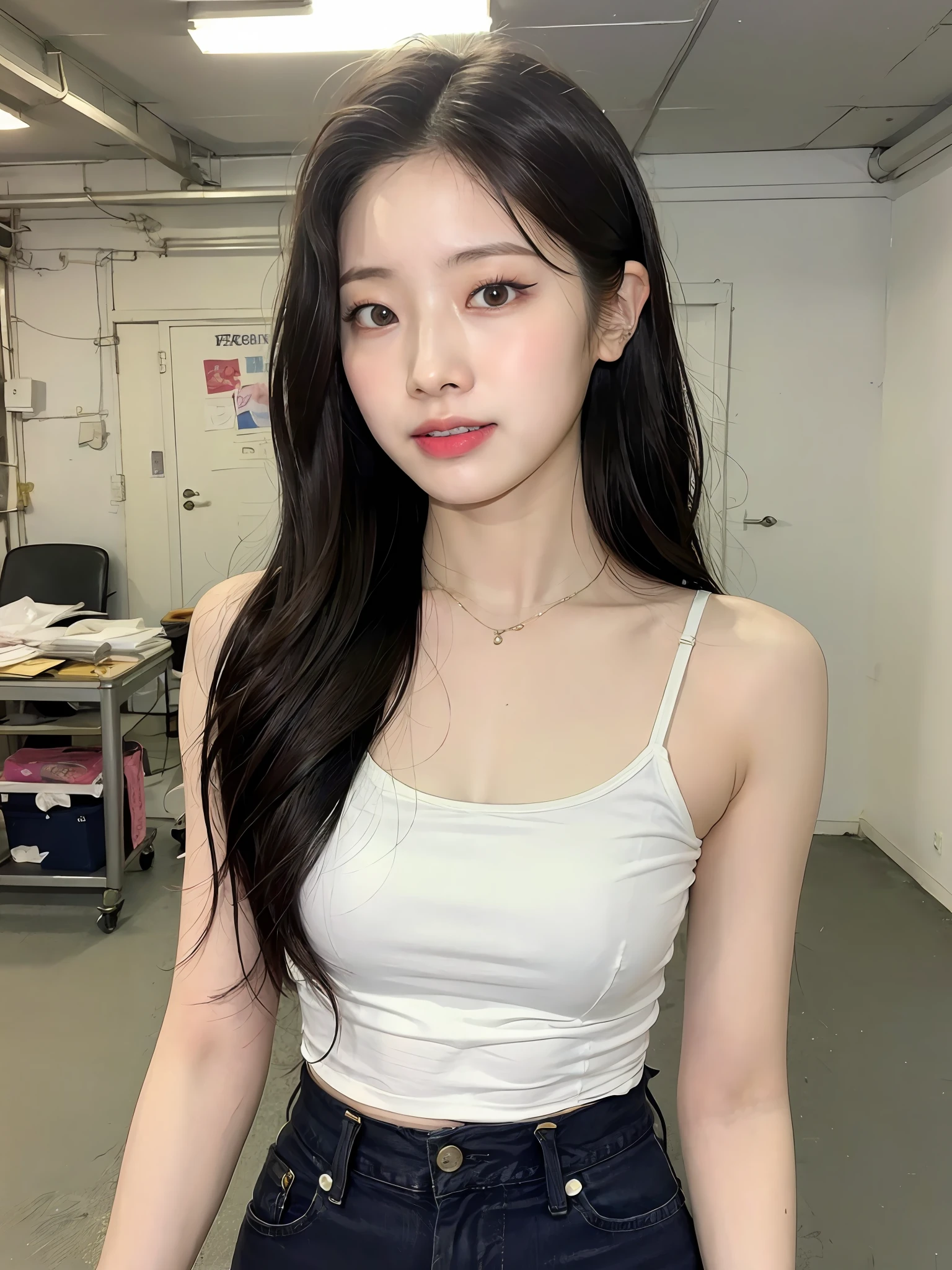 ((Best Quality, 8k, Masterpiece: 1.3)), Photorealistic, Sharp Focus, High Quality, High Resolution, Portrait, Solo, Japan Person,, Beauty, 22 Years Old, Plump, Wavy Hair, Bra, Trousers, Wrinkles at the corners of the eyes, Messy room, Scrap paper, Dirty floor, Tissue, Tablets, Messy room, Tattered house,