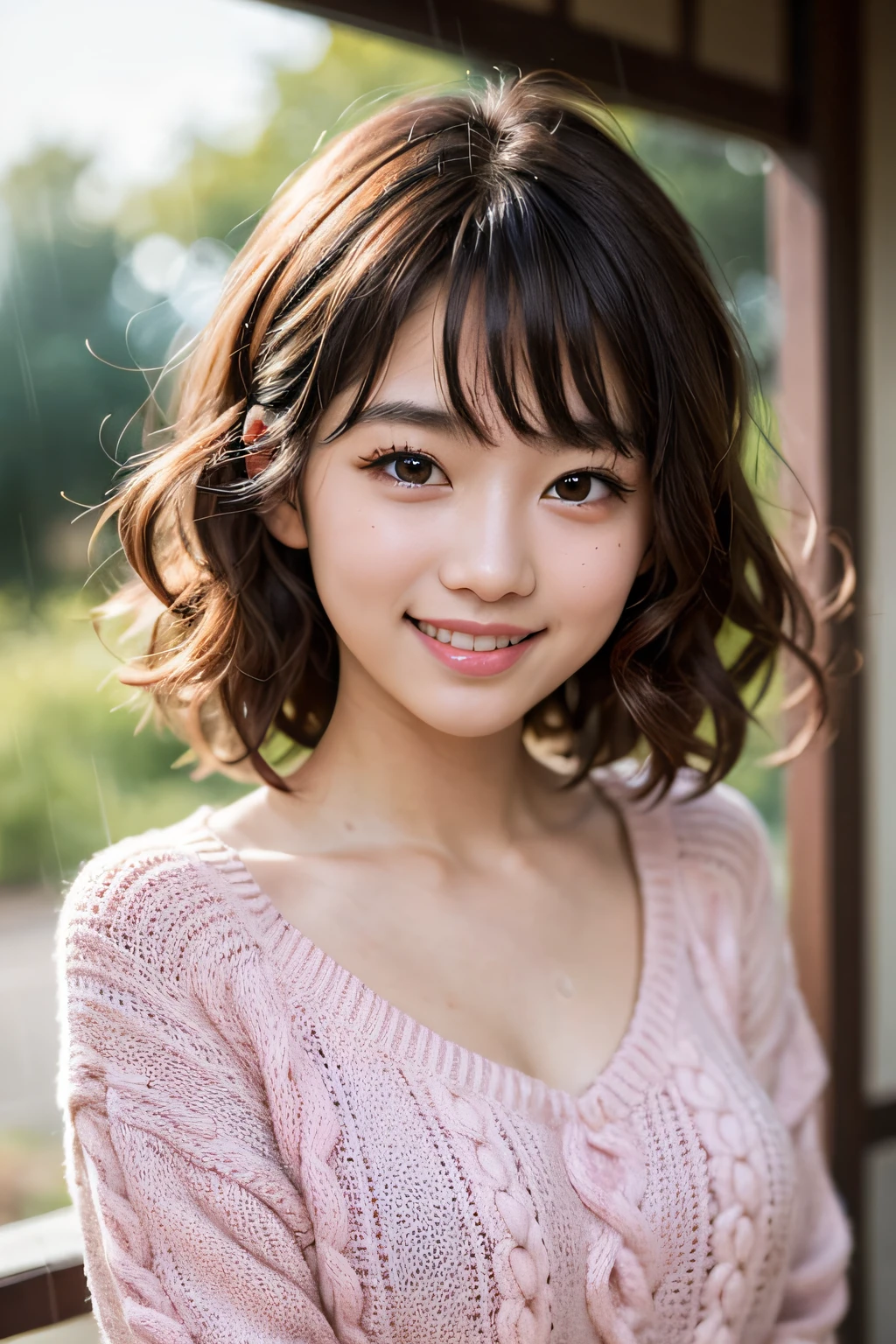 forest, rain, studio light, depth of field, upper body, slender, cute face, big smile, beautiful detail eyes, no false eyelashes, short lashes, Japan 17 years old, cute, warm brown voluminous curls, pink knitted sweater,