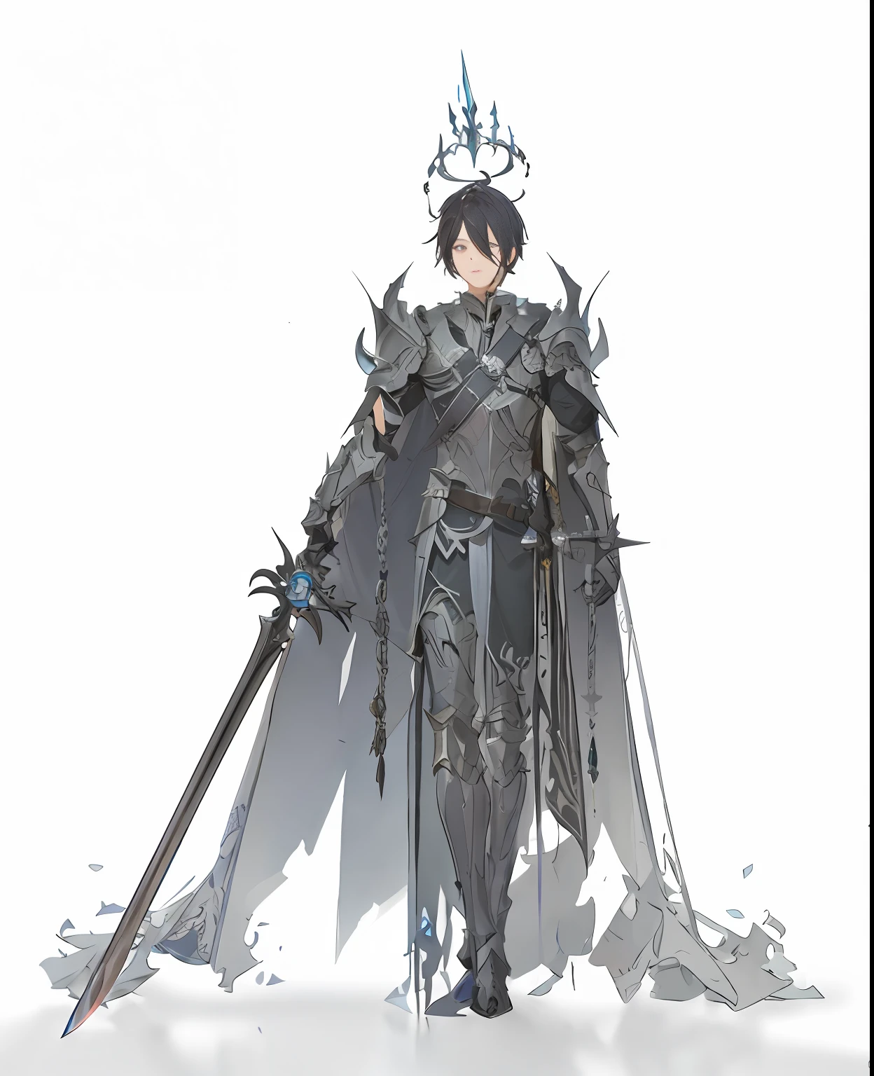 a close up of a person with a sword and armor, a human male paladin, full portrait of magical knight, with an armor and a crown, fus rei, ( ( character concept art ) ), berserk skullknight black armor, prince crown of black gears, full body concept, shadowverse character concept, official character art, with large sword
