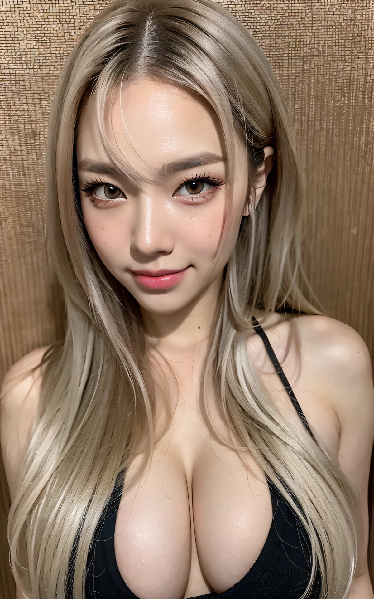 (Original Character、Unity 16K Wallpaper, Masterpiece, Best Quality, Ultra-Detailed, Extremely Detailed CG, Caustics, Cinematic Lighting, Detailed, Beautiful Detailed Eyes, solo), Ultra High Resolution, fine skin, (makeup,eyeliner,eyeshadow:1.1,tanned skin,mascara,curby:1.2,above chest:1.2,mega big tits), (strong light)、oily skin,sity,smile, light hair color, casual clothes,vivid, from front:1.2、gal
