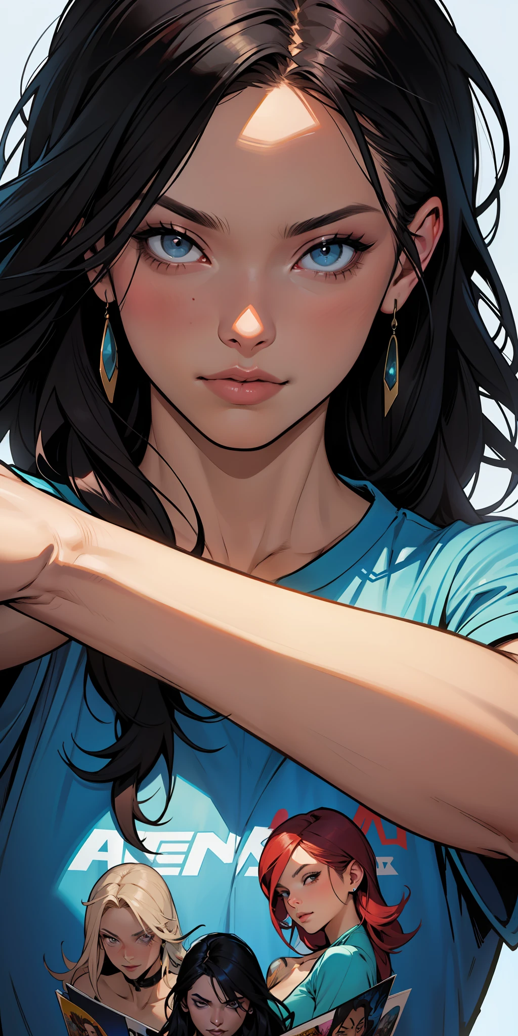 , (beautiful and clear background:1.2),, fantastic paintings ,graffit style, olhos altamente detalhados , a white t-shirt or tatoon stamp , ultra detailed hair, masterpiece, best quality, high quality, highres, detail enhancement, ((most beautiful image in the world)), masterpiece, best quality, high quality, highres, detail enhancement, ((most beautiful image )),with short, shiny black hair, t-shirt, wearing jeans,, art by stjepan sejic, art by j scott campbell, art by guillem march, art by citemer liu, 4k, high resolution, comic book character, comic, high quality detailed, style ::2.0 comix illustration style,tatoon style, high quality, highres, detail enhancement, 8k, hd, best quality, high quality, highres, detail enhancement, 8k, hdr, sharp focus, ultra detailed, perfect lighting