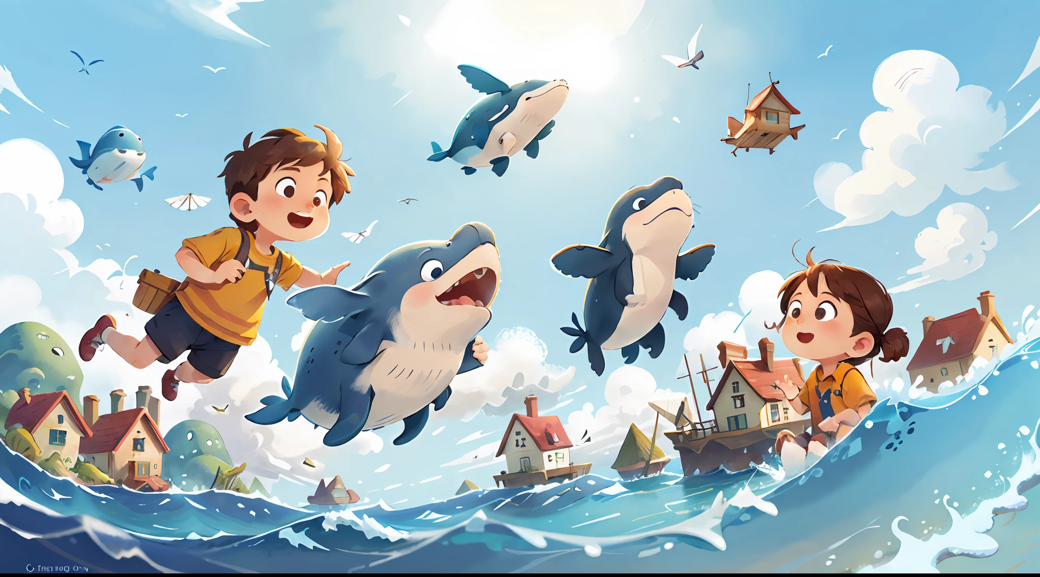 flying whales with homes on their shores in a beautiful and vast blue sky
