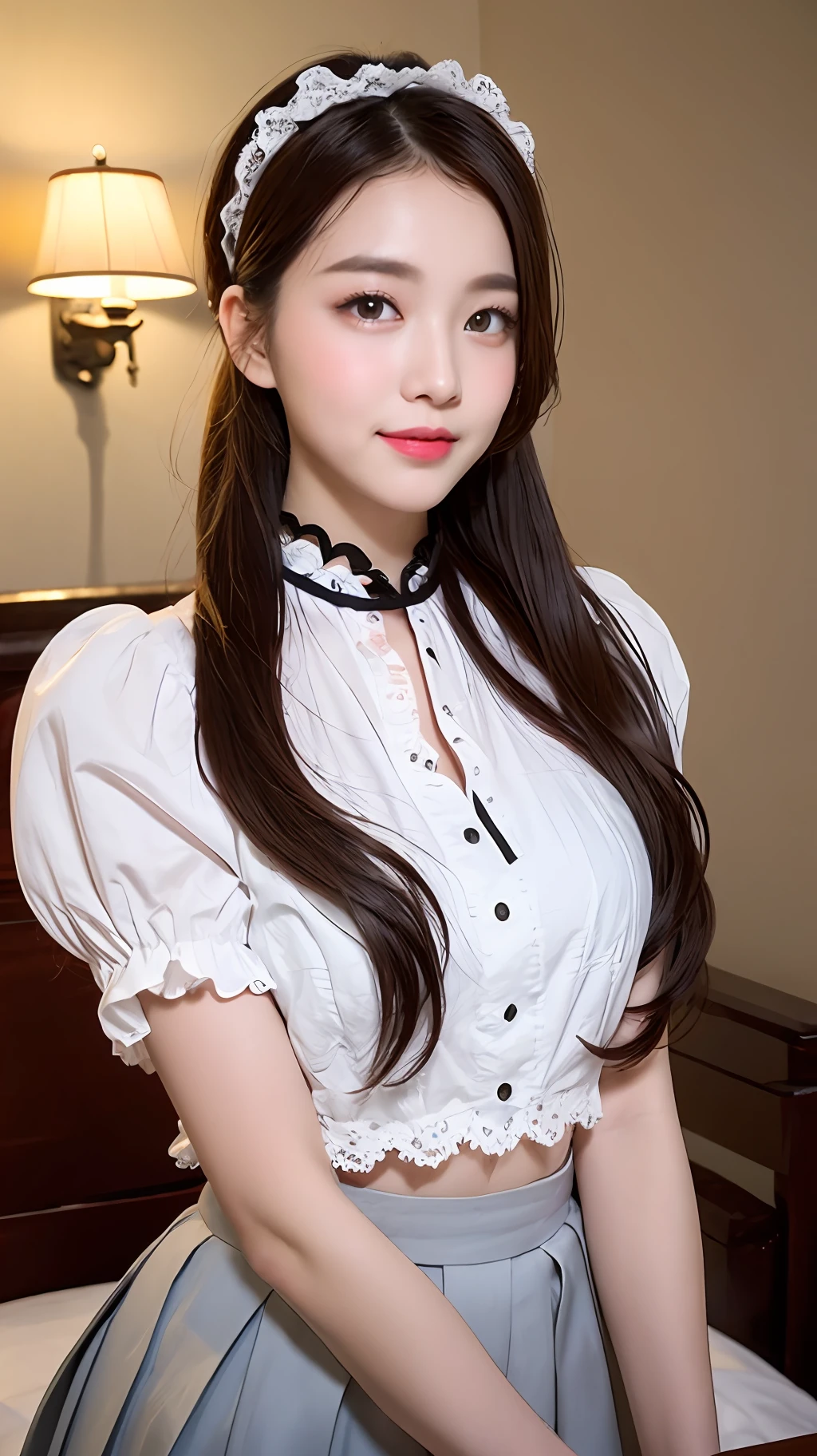 iphone14 shooting, Chinese, girl, round face, big eyes, blush, high double ponytail, dark brown hair, student, front, full body, pose, detail. Perfect face, delicate facial features, shyness, blush, shyness, light makeup, pink lips, fair skin, rendering, pure, pure girl, pure, pure, simple girl, Lolita hair ornament, sweet smile, green face, high light intensity. Air, long air. Realistic portraits. Pink face. Close-up of face, petite figure, fill light. (in the center of the picture)), ultra-high precision, super detail, lens aperture, masterpiece, beautiful and delicate eyes, peerless beauty, messy black hair, high double ponytail, fluffy hair, delicate facial features, transparent light, best quality, best quality, close-up, look at the lens, goddess, long eyelashes, big eyes, loli face, high nose bridge, delicate facial features, moist lips, perfect proportions, shyness, green, super clear quality, 8K resolution, colorful (((Lolita)), folds, ((Lolita style, Multi-layered pleated skirt)), close-up, petite, not exposed, macro shot, highlight, full body, colorful bubbles, slender, wearing Lolita, glowing skin, perfect face, sweet smile, blushing face, biting fingers, medium telephoto, on the bedroom bed, coquettish, has a sense of real people..., illuminate face, face close-up, body structure perfect, close-up, rendering, long air, movie aurora lighting. fill light effect, bright light,