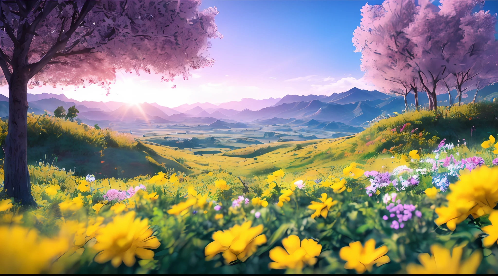 valley of green mountains, hills, plains with flowers trees with fruits, rays of light descending from the sky, masterpiece, high quality, high quality, highly detailed CG 8k wallpaper unit, award-winning photos, bokeh, depth of field, HDR, bloom, chromatic aberration, realistic, very detailed, trend in artstation, trend in CGsociety, complex, high detail, dramatic, art in the middle of the journey,  Volumetric lighting