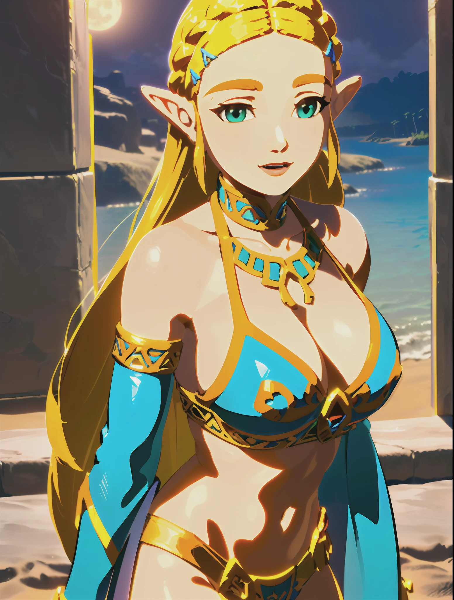 ((masterpiece)),(illustration),(((best quality)),iridescent, high resolution illustration,Amazing,highres,intricate detail, extremely detailed CG unity 8k wallpaper ((zelda)), large breasts, cleavage, upper_body, (delicate cute face), blond long hair, lovestruck,(green eyes), beach, moonlight, night time, micro bikini, g string, smile, facing viewer