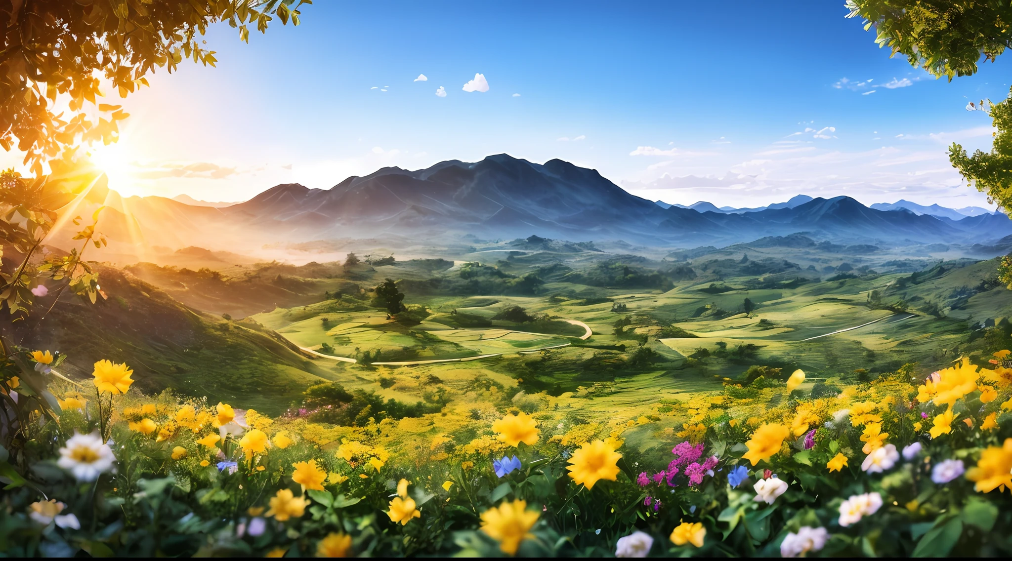 valley of green mountains, hills, plains with flowers trees with fruits, rays of light descending from the sky, masterpiece, high quality, high quality, highly detailed CG 8k wallpaper unit, award-winning photos, bokeh, depth of field, HDR, bloom, chromatic aberration, realistic, very detailed, trend in artstation, trend in CGsociety, complex, high detail, dramatic, art in the middle of the journey,  Volumetric lighting